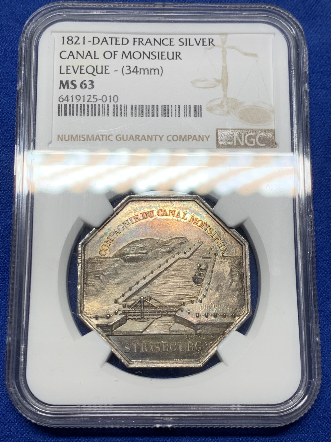 《竞宝斋》第237场- 周日，周一，周二，周日 疯狂4连拍 (全场包邮) NGC MS63 法国 1821 斯特拉斯堡运河公司 银质八角代币 细节极其丰富 少见品种 