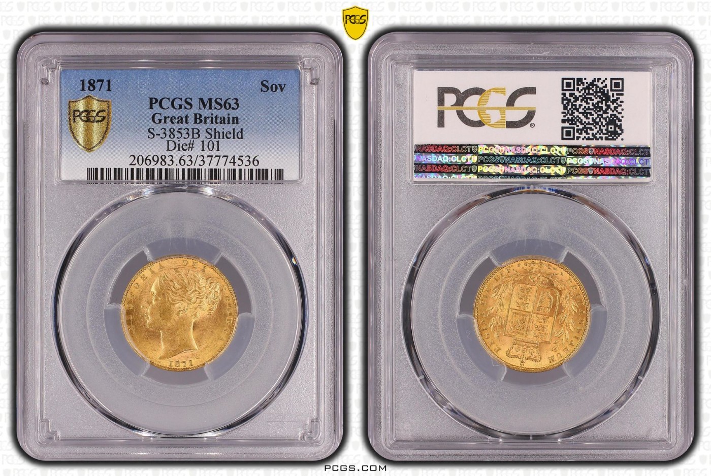 凡希社世界钱币微拍第二百五十九期 1871英国小维索维林金币背盾徽PCGS-MS63 模具编号101，7.988g，900金