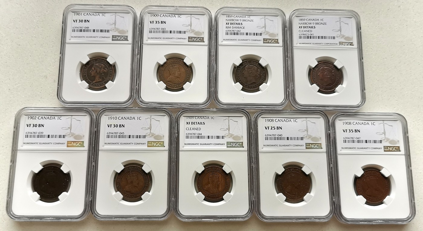 凡希社世界钱币微拍第二百五十九期 加拿大壹分铜币九枚一组NGC