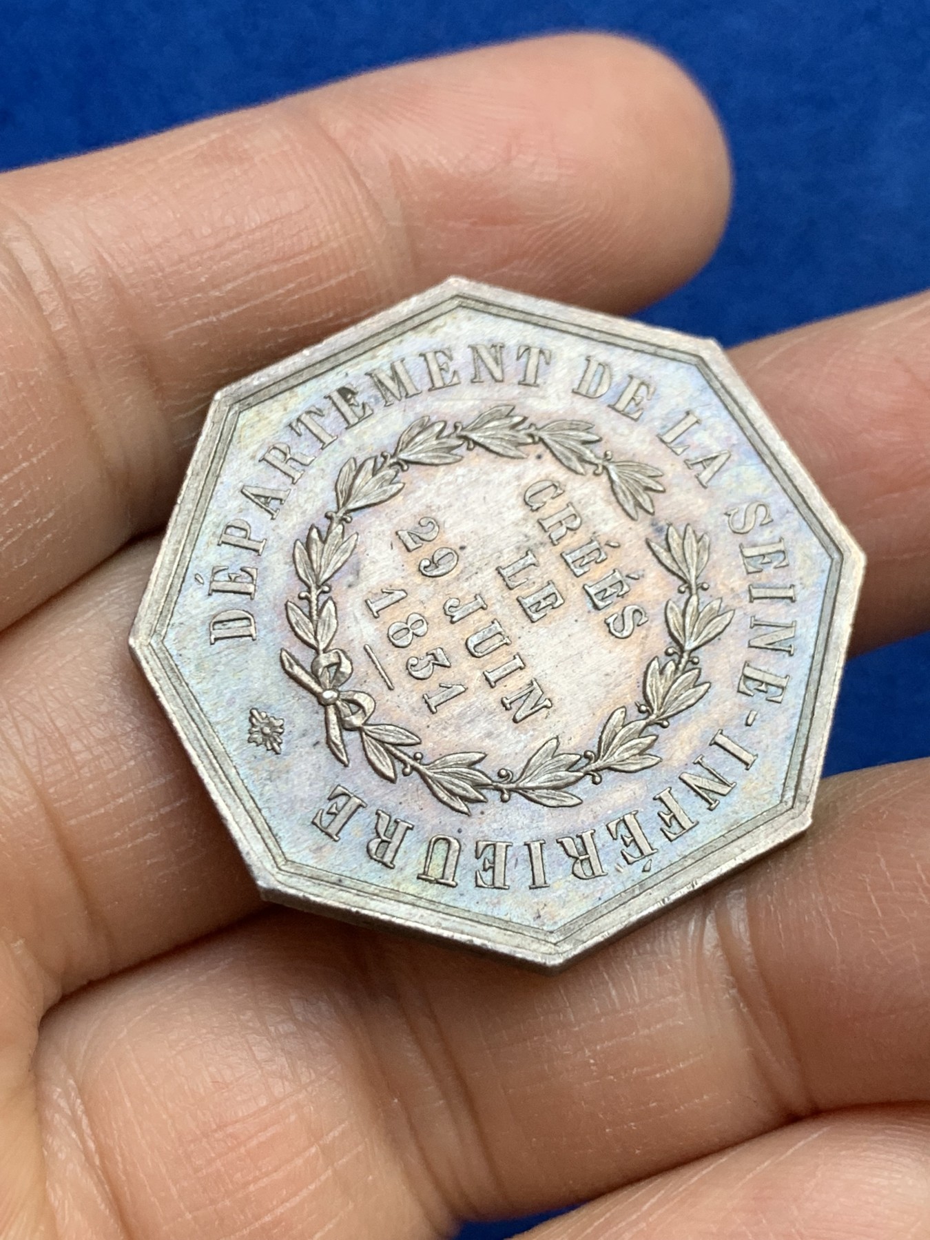 《竞宝斋》第237场- 周日，周一，周二，周日 疯狂4连拍 (全场包邮) 法国公鸡八角银章，下塞纳省公共援助医学会，18.7g，33.7mm，丰饶角边铭