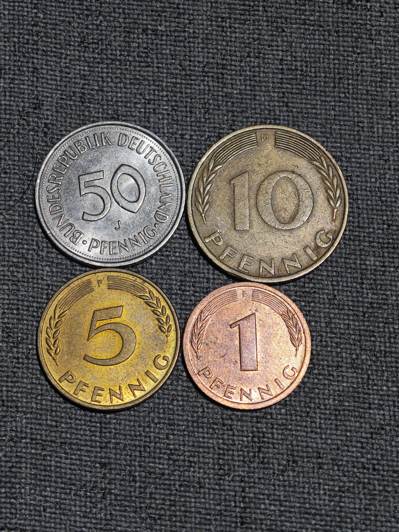 外国硬币收藏第8期 西德50、10、5、1芬尼4枚