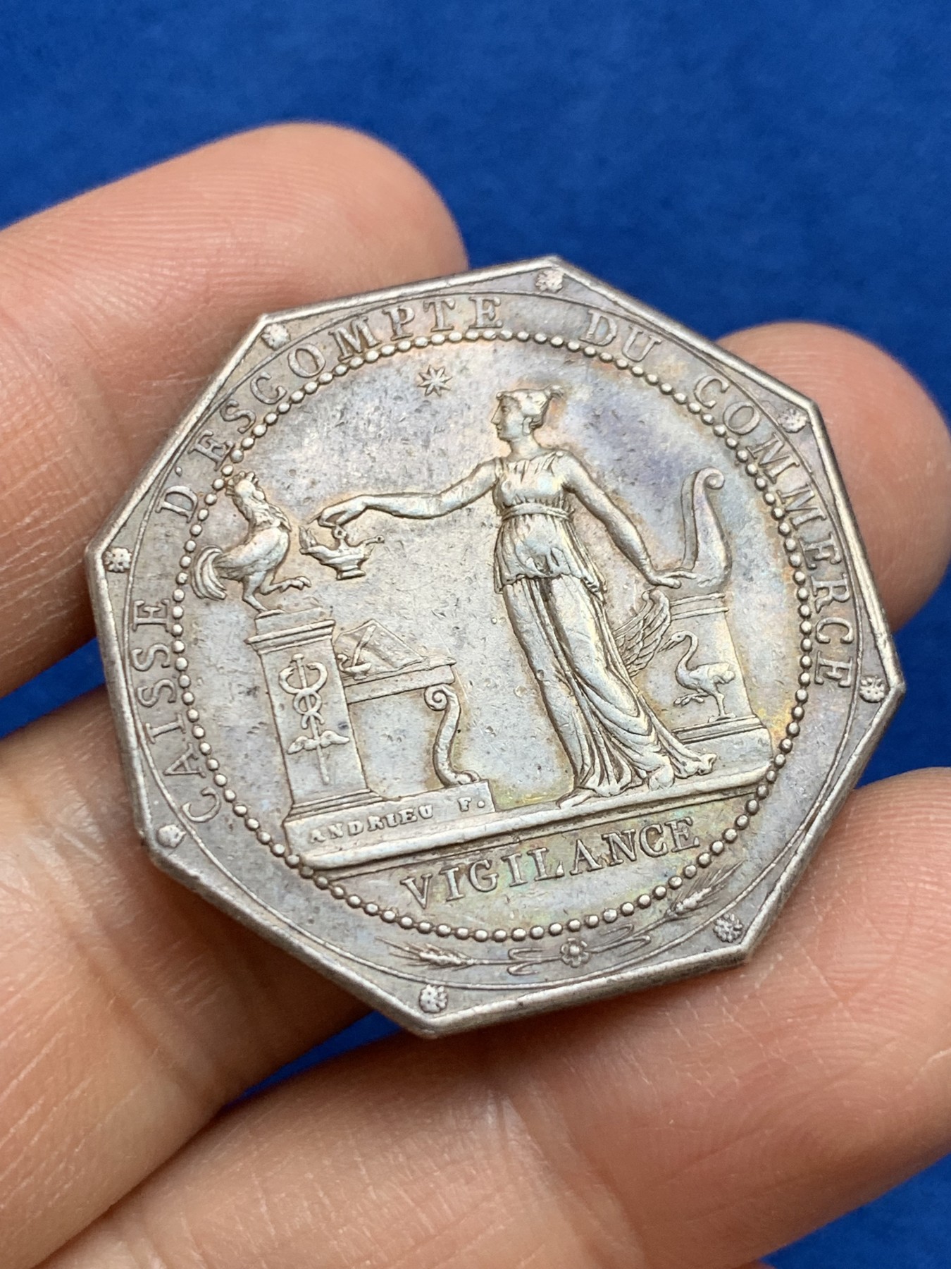 《竞宝斋》第237场- 周日，周一，周二，周日 疯狂4连拍 (全场包邮) 法国帝国商业折扣银行八角银质代币，13.90g，34.2mm，早期无边铭