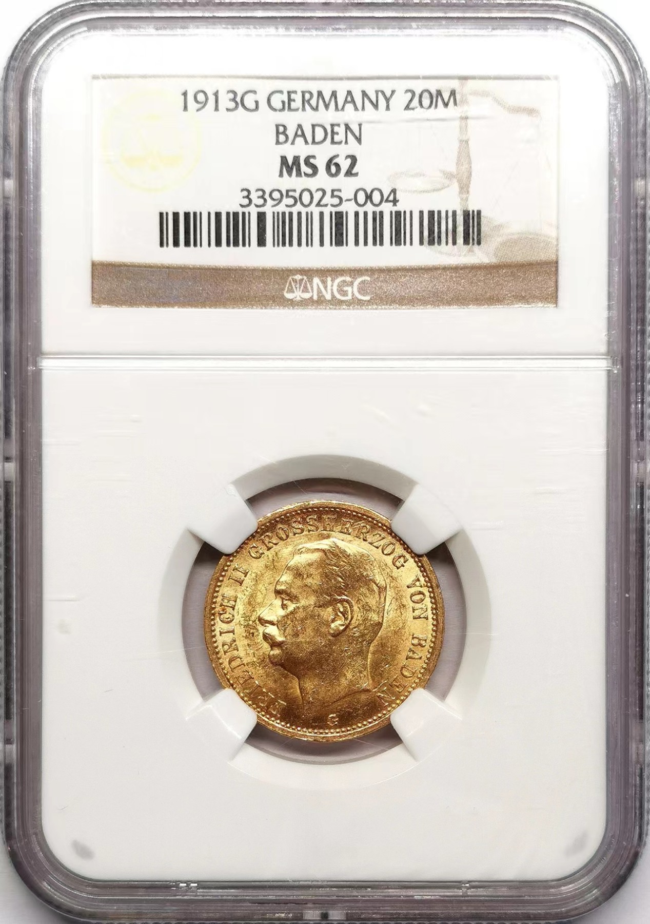 凡希社世界钱币微拍第二百五十九期 1913G巴登20马克金币NGC-MS62 7.965g，900金