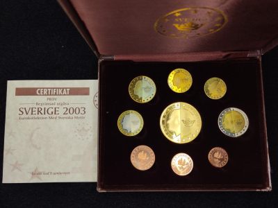 巴斯克收藏第220期 套币，原盒，卡册专场 1-2月30/31/1 号三场连拍 全场包邮 - 瑞典 卡尔十六世·古斯塔夫 2003年欧元试样套币 9枚