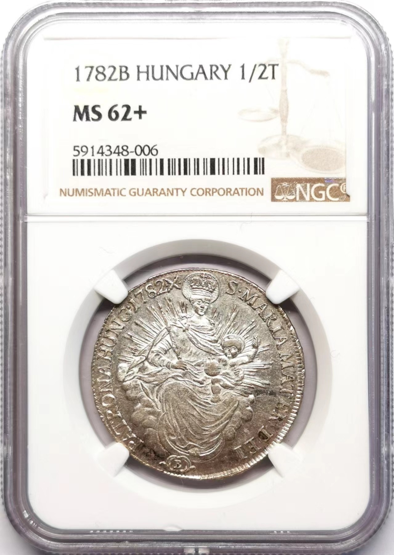 凡希社世界钱币微拍第二百五十九期 1782B匈牙利王国圣母子1/2泰勒NGC-MS62+