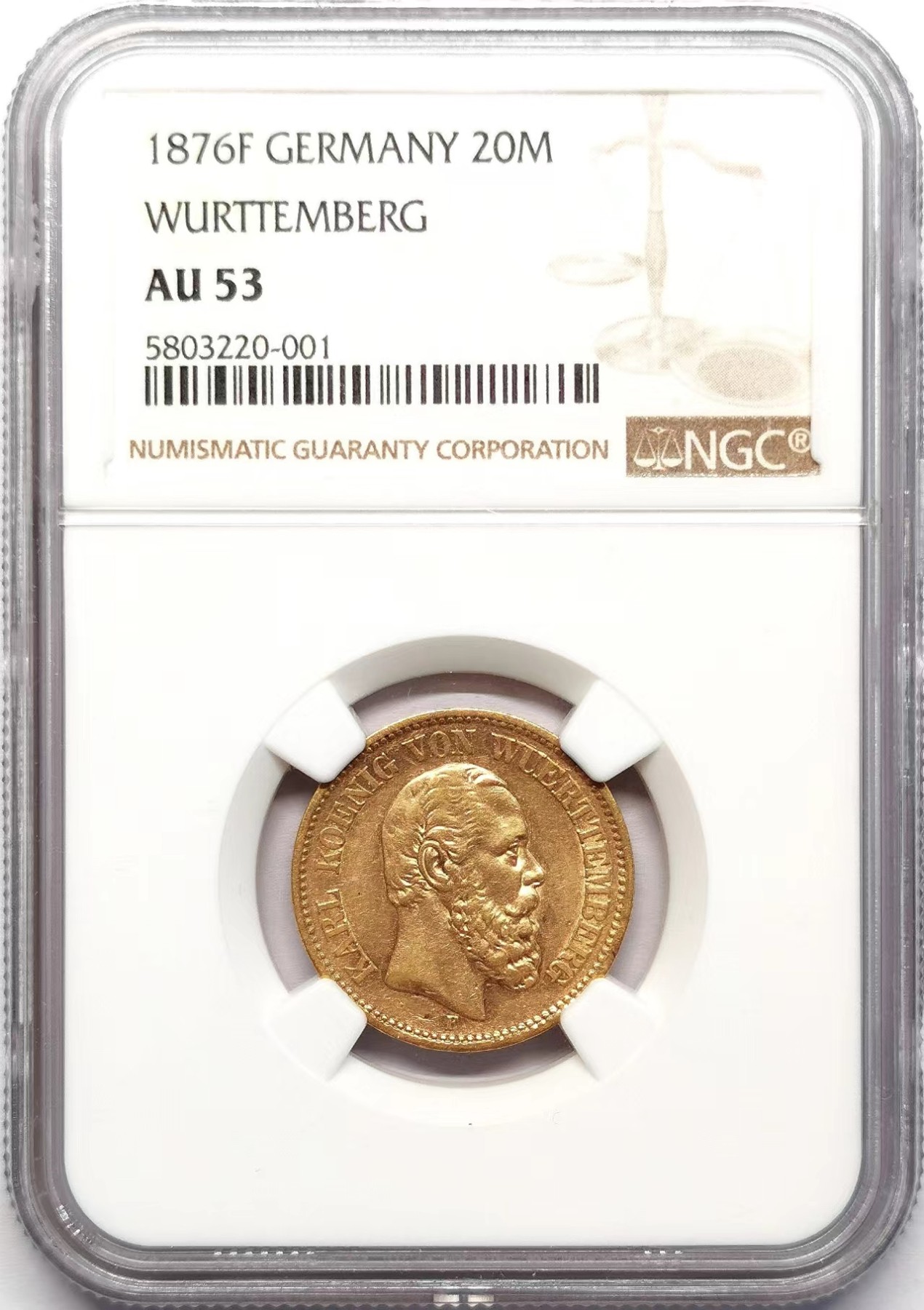 凡希社世界钱币微拍第二百五十九期 1876F符腾堡短翅鹰20马克金币NGC-AU53 7.965g，900金