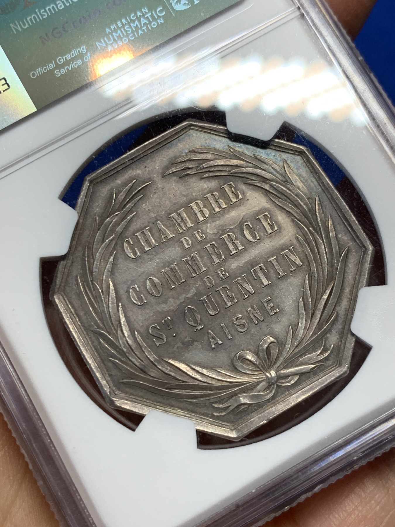 《竞宝斋》第237场- 周日，周一，周二，周日 疯狂4连拍 (全场包邮) NGC MS61 法国1845-1860 圣康坦商会 银质八角代币 少见品种 包浆高点俱在 手指铭  