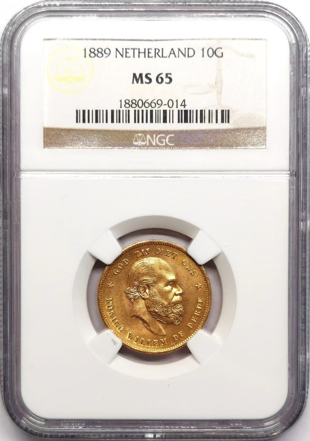 凡希社世界钱币微拍第二百五十九期 1889荷兰威廉三世10盾金币NGC-MS65 6.729g，900金