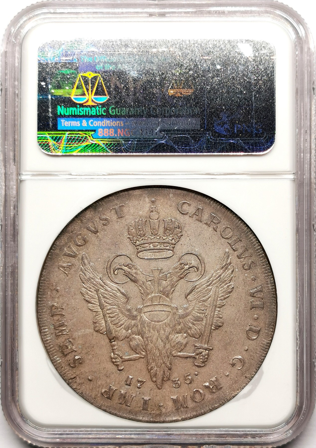 凡希社世界钱币微拍第二百五十九期 荐！1735IHL汉萨同盟汉堡自由市盾徽与双头鹰泰勒大银NGC-MS64 一年型，N冠军分，迷人的欧陆哑光五彩，德系藏家不可错过的一枚！