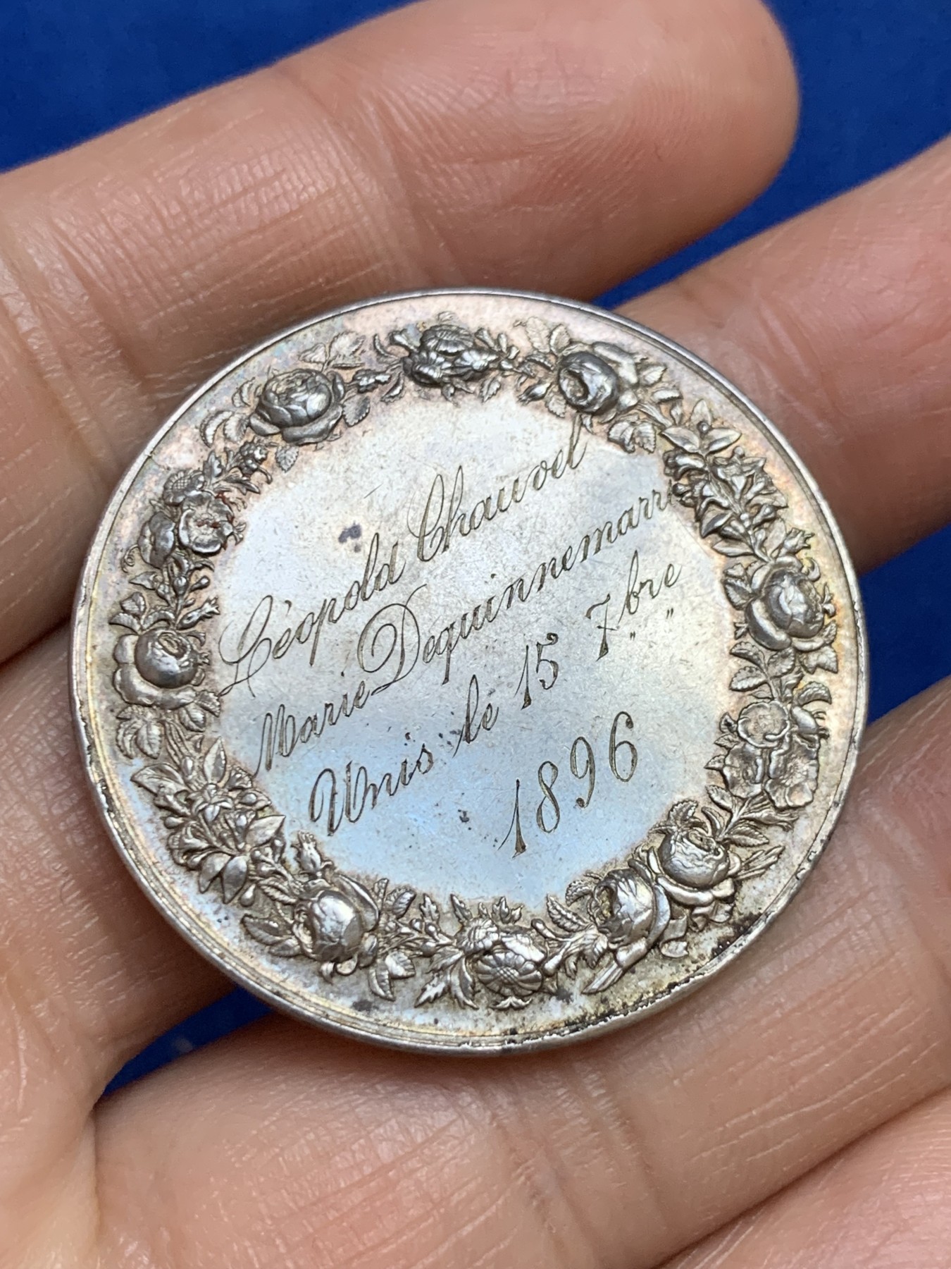 《竞宝斋》第237场- 周日，周一，周二，周日 疯狂4连拍 (全场包邮) 法国1896年结婚银质纪念奖章，22.25g，36.3mm，丰饶角边铭