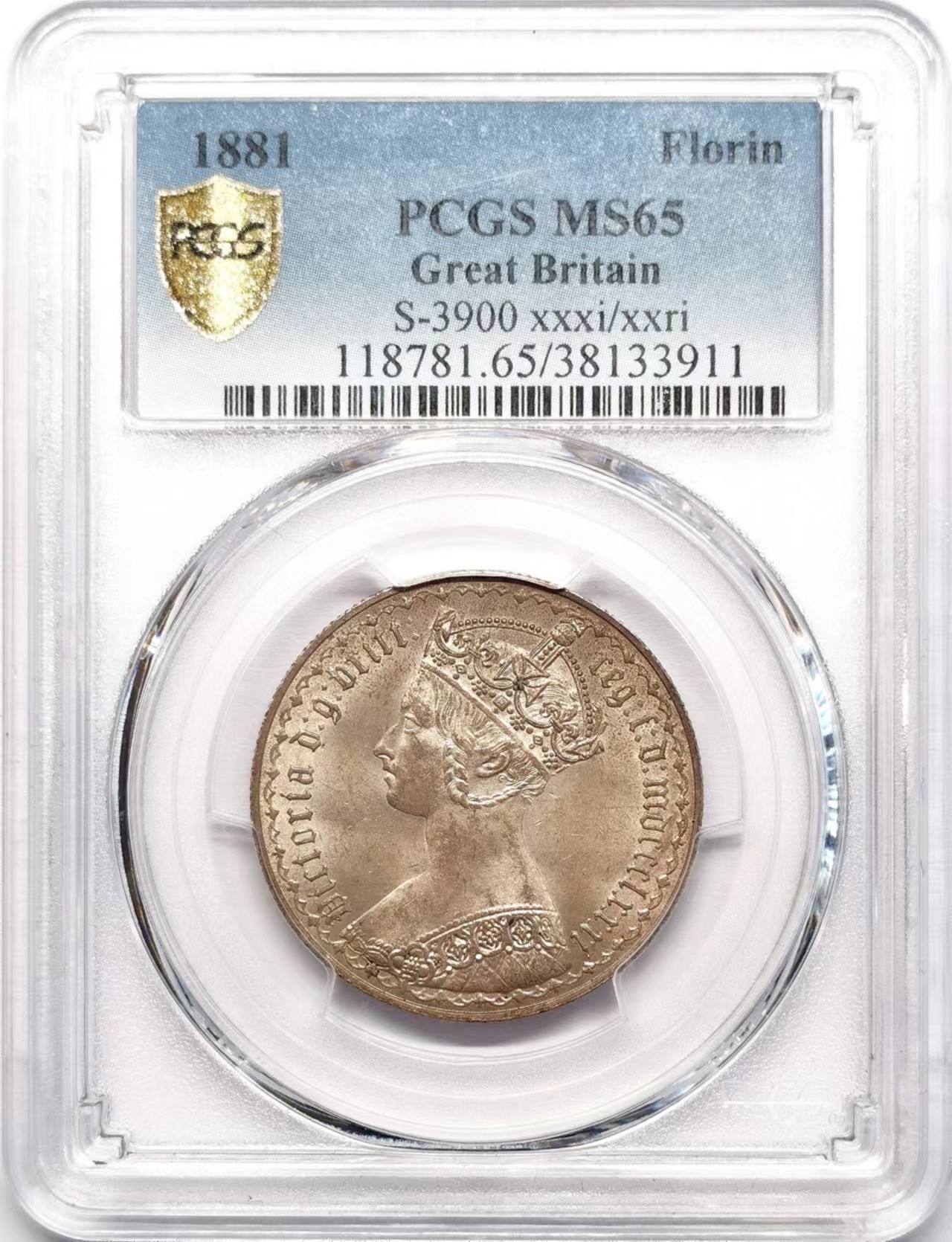 凡希社世界钱币微拍第二百五十九期 稀！1881英国小维哥特式佛罗林PCGS-MS65！ P记最高分，纸袋形成的紫金彩淡雅吸睛，一直是广受追捧的英系经典，刚结束的SBP春季拍卖，一枚P64的1885得价4800美金。