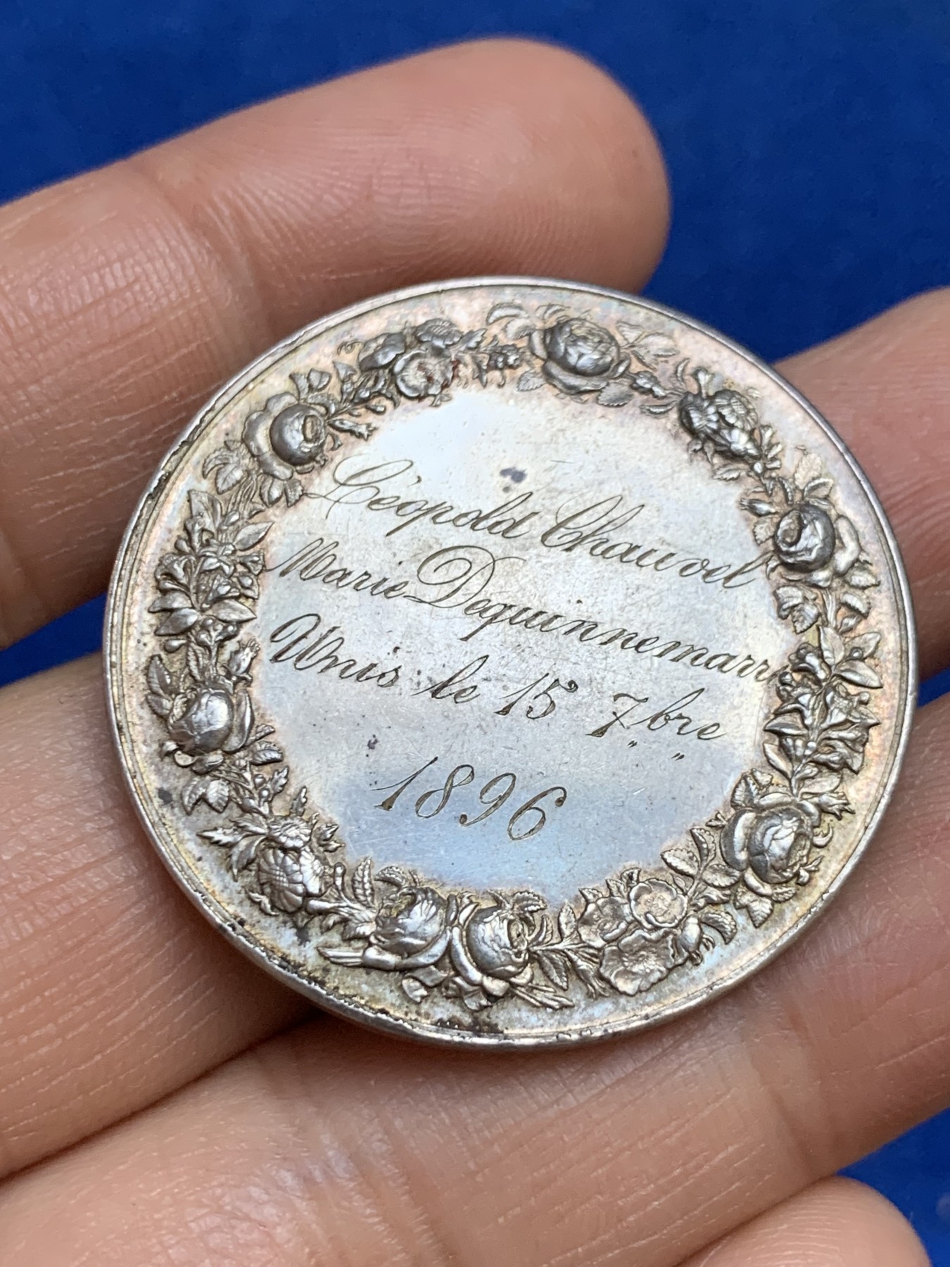 《竞宝斋》第237场- 周日，周一，周二，周日 疯狂4连拍 (全场包邮) 法国1896年结婚银质纪念奖章，22.25g，36.3mm，丰饶角边铭