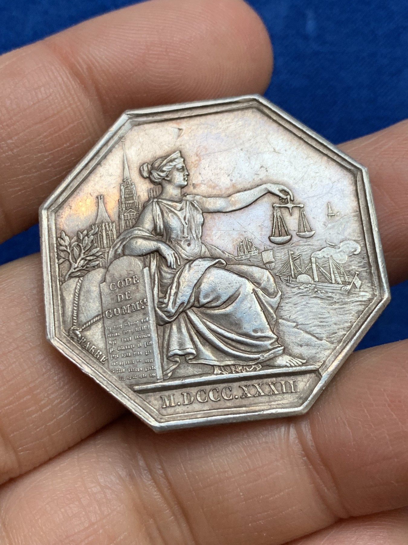 《竞宝斋》第237场- 周日，周一，周二，周日 疯狂4连拍 (全场包邮) 法国鲁昂商事法庭八角银质代币，20.18，36.2mm，油灯边铭