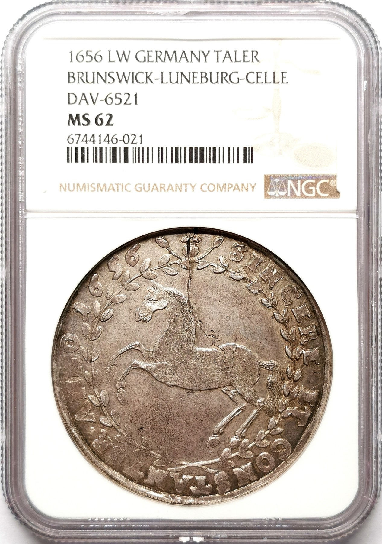 凡希社世界钱币微拍第二百五十九期 荐！1656LW布伦瑞克-吕内堡-策勒飞马大型泰勒NGC-MS62  淡金色包浆，N冠军分！