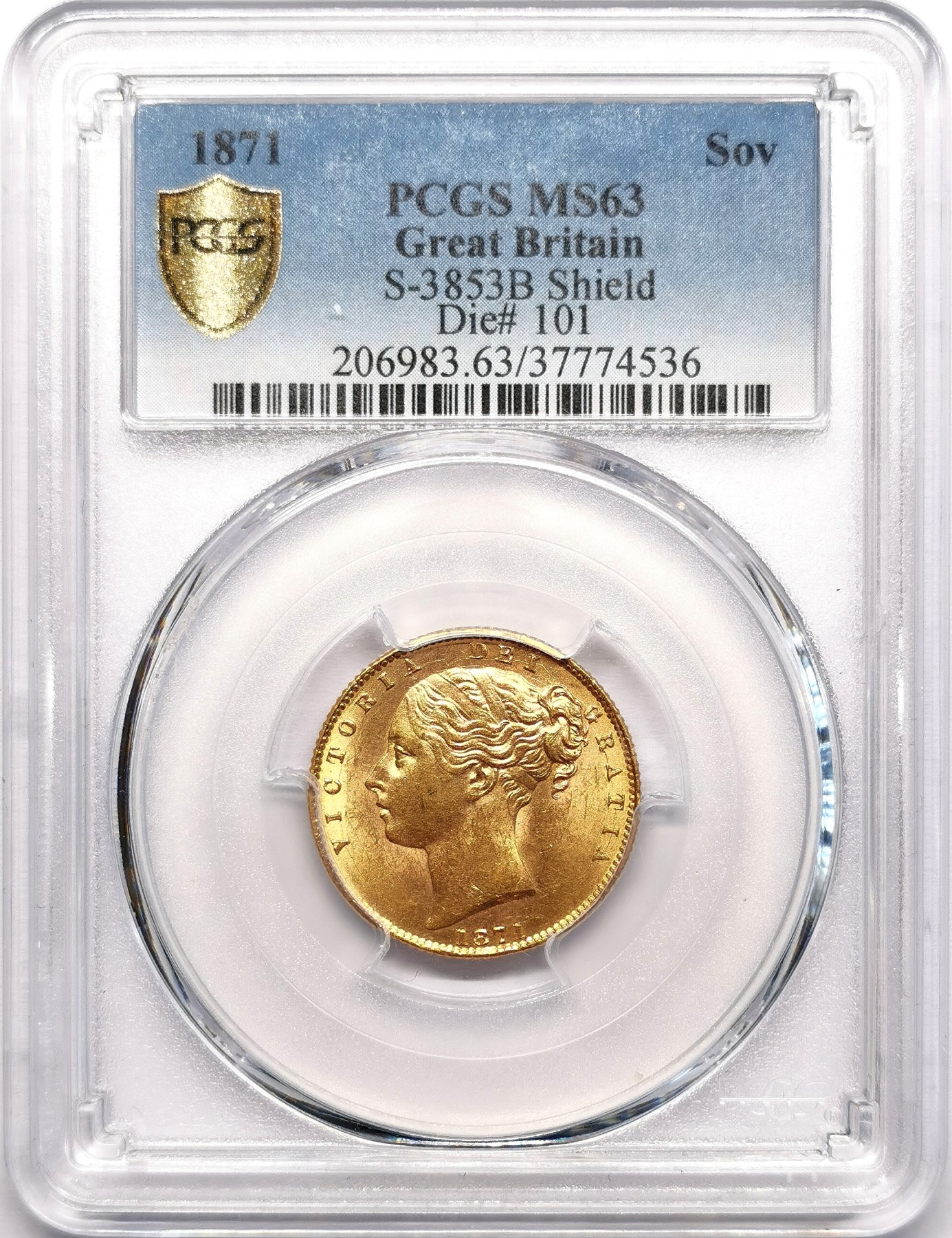 凡希社世界钱币微拍第二百五十九期 1871英国小维索维林金币背盾徽PCGS-MS63 模具编号101，7.988g，900金