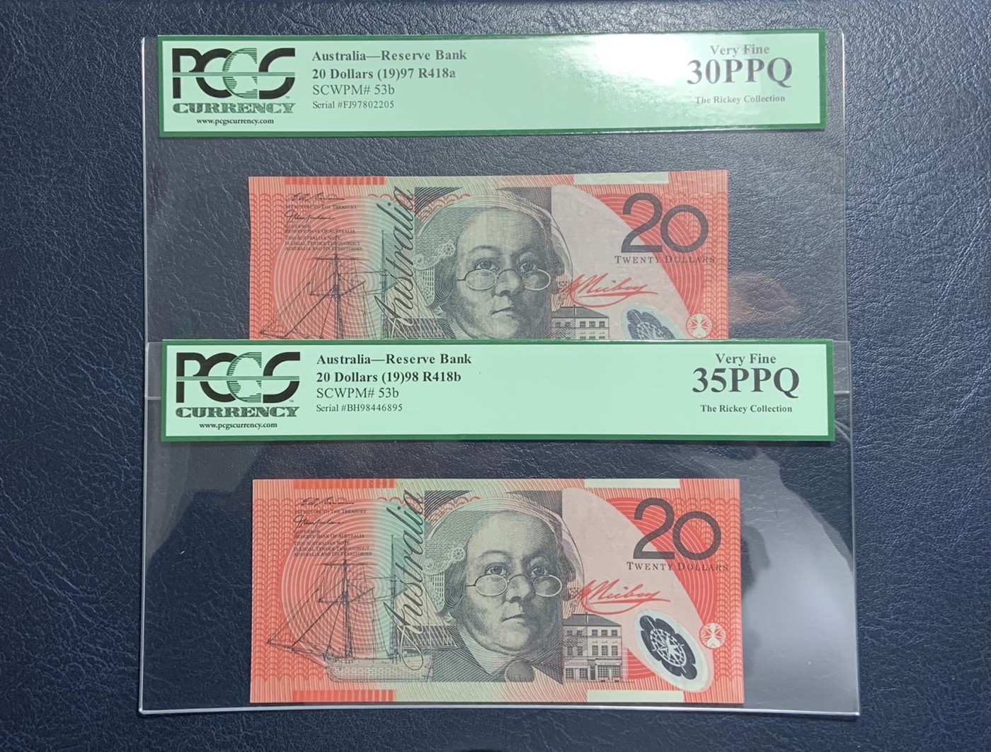 收藏联盟Quantum Auction 第319期拍卖  澳大利亚1997年 (R418a) 和1998年 (R418b)20元   PCGS30&35 早期年份 一组两张不同版本 名家RICKEY旧藏