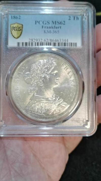 PCGS-MS62德国1862年法兰克福少女两泰勒银币 PCGS-MS62德国1862年法兰克福少女两泰勒银币