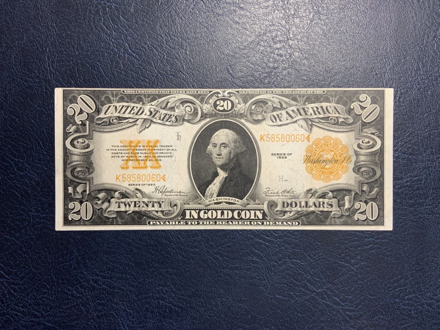 收藏联盟Quantum Auction 第319期拍卖  美国联邦1922年20美元金币券 非全新  品相如图 有个针孔 号码无347
