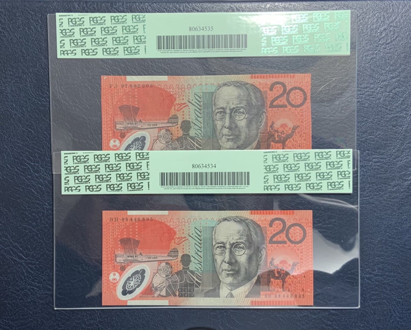 收藏联盟Quantum Auction 第319期拍卖  澳大利亚1997年 (R418a) 和1998年 (R418b)20元   PCGS30&35 早期年份 一组两张不同版本 名家RICKEY旧藏