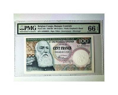 【Blue Auction】✨世界纸币精拍第423期【精】 -  【无47 大象水印】比属刚果 1956-60年100法郎 PMG66EPQ 经典大胡子 雕刻精美 