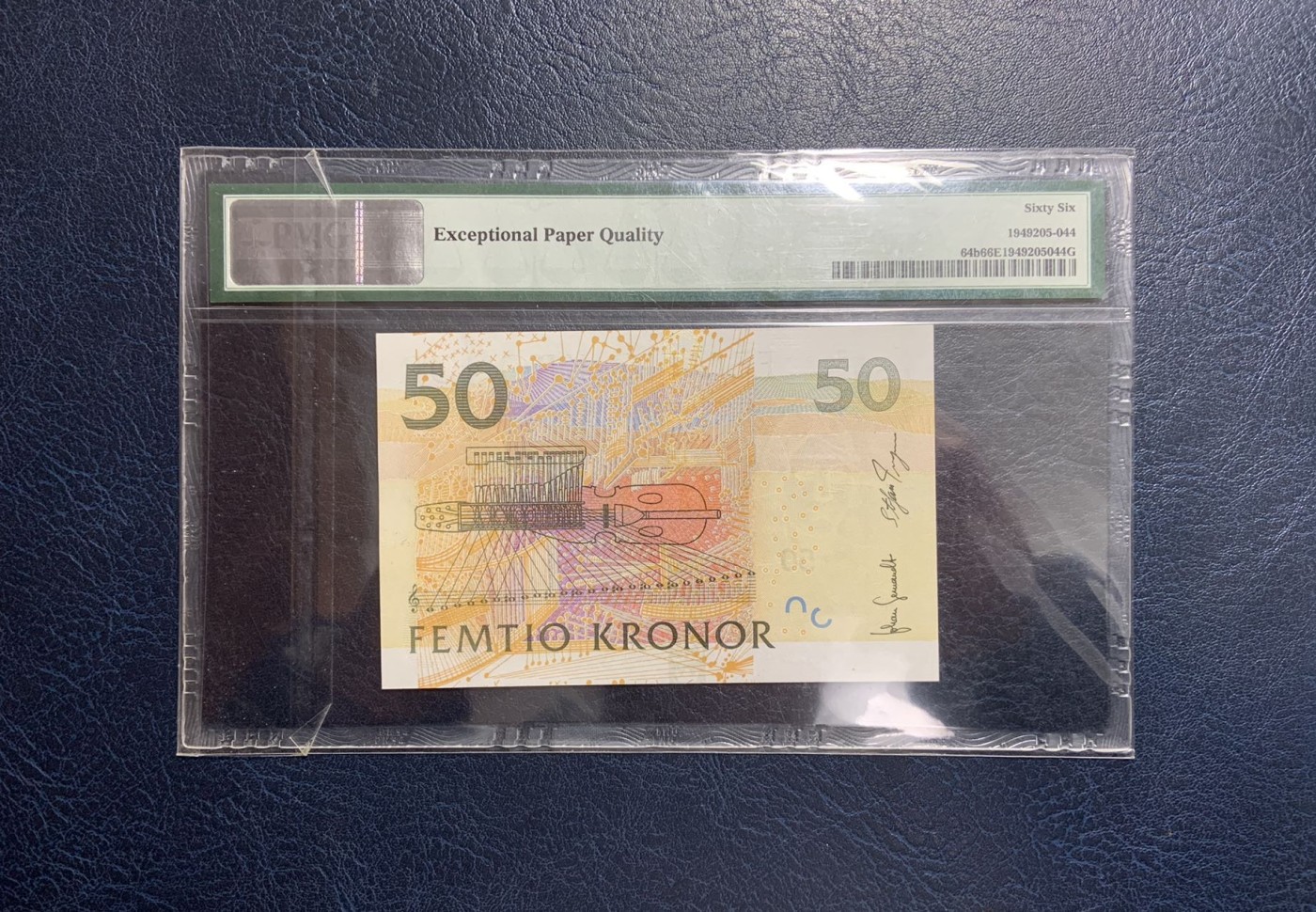 收藏联盟Quantum Auction 第319期拍卖  瑞典2008年50克朗 PMG66 夜莺 号码全程无4