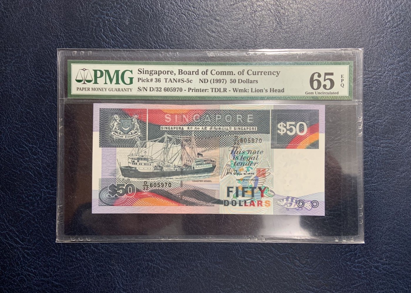 收藏联盟Quantum Auction 第319期拍卖  新加坡1997年50元 PMG65 薛尓斯大桥 号码全程无4