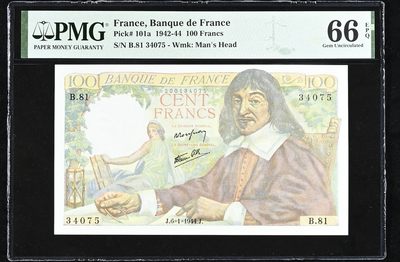 收藏联盟Quantum Auction 第319期拍卖  - 法国1942-44年100法郎 PMG66 数学家笛卡尔
