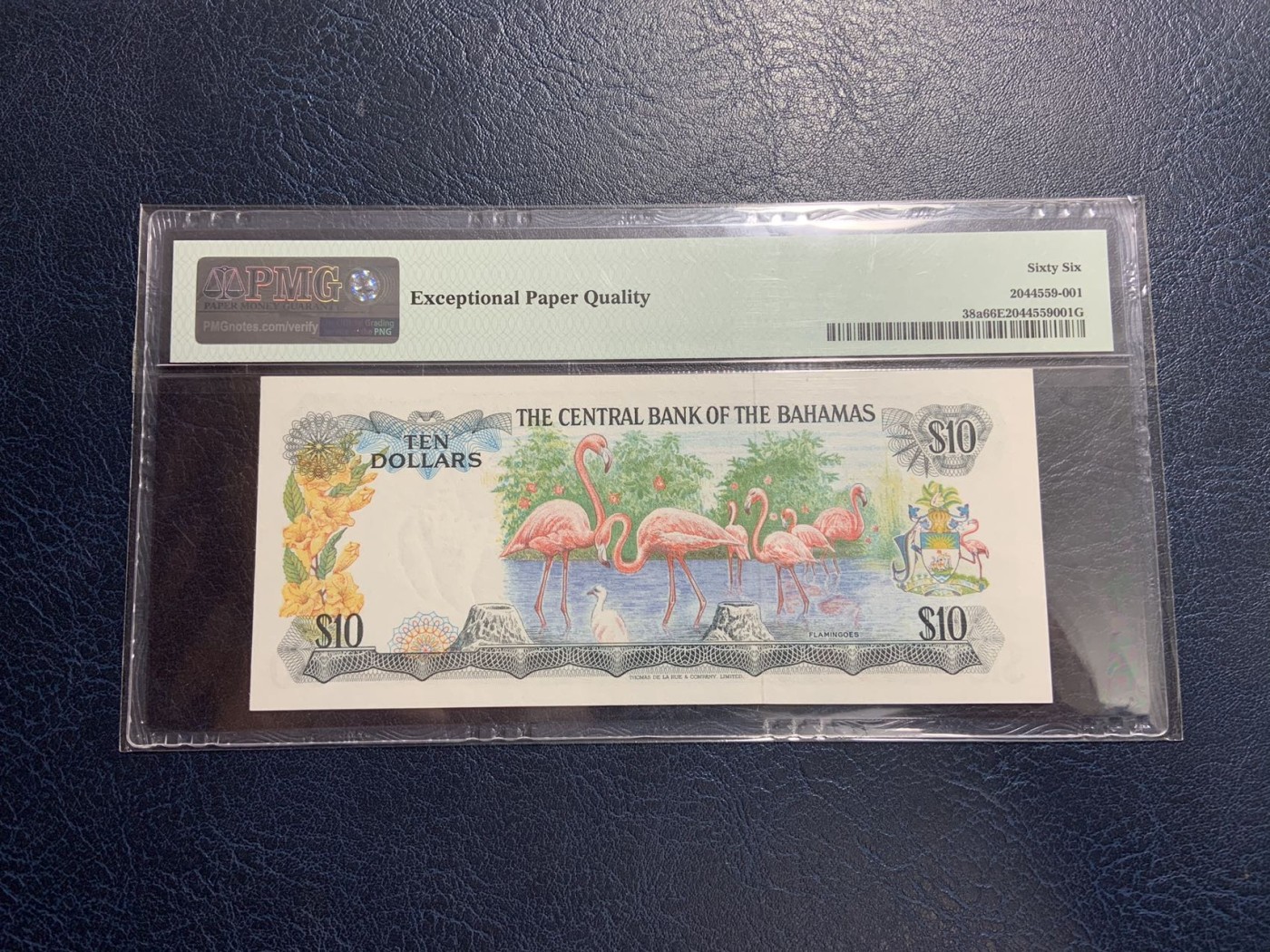 收藏联盟Quantum Auction 第319期拍卖  巴哈马中央银行1974年10元 PMG66 号码无4双尾号 火烈鸟 