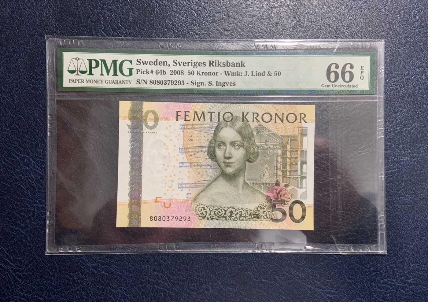 收藏联盟Quantum Auction 第319期拍卖  瑞典2008年50克朗 PMG66 夜莺 号码全程无4