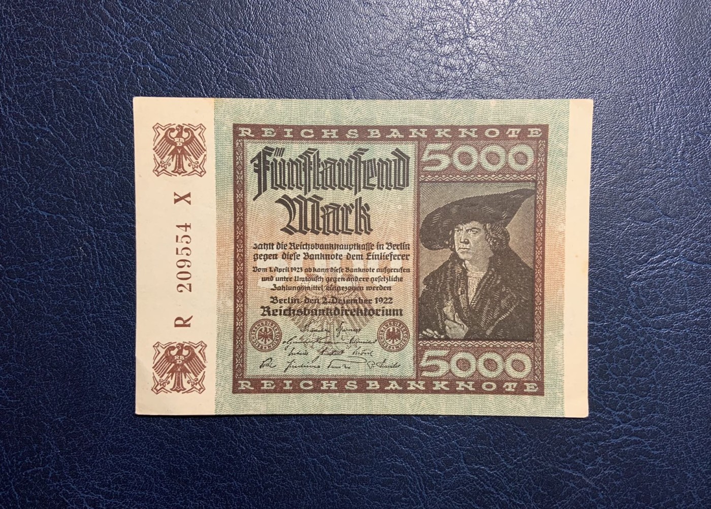 收藏联盟Quantum Auction 第319期拍卖  德国1922年5000马克 品相UNC- 丢勒画作