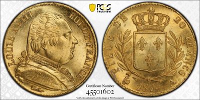 PCGS-MS64法国1814年军装路易十八20法郎金币 - PCGS-MS64法国1814年军装路易十八20法郎金币
