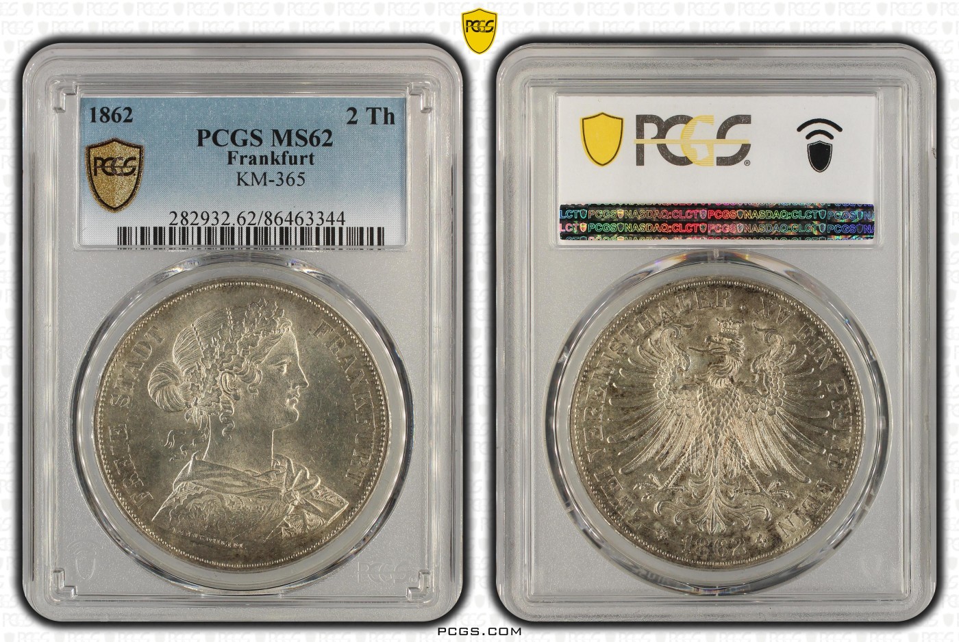 PCGS-MS62德国1862年法兰克福少女两泰勒银币 PCGS-MS62德国1862年法兰克福少女两泰勒银币