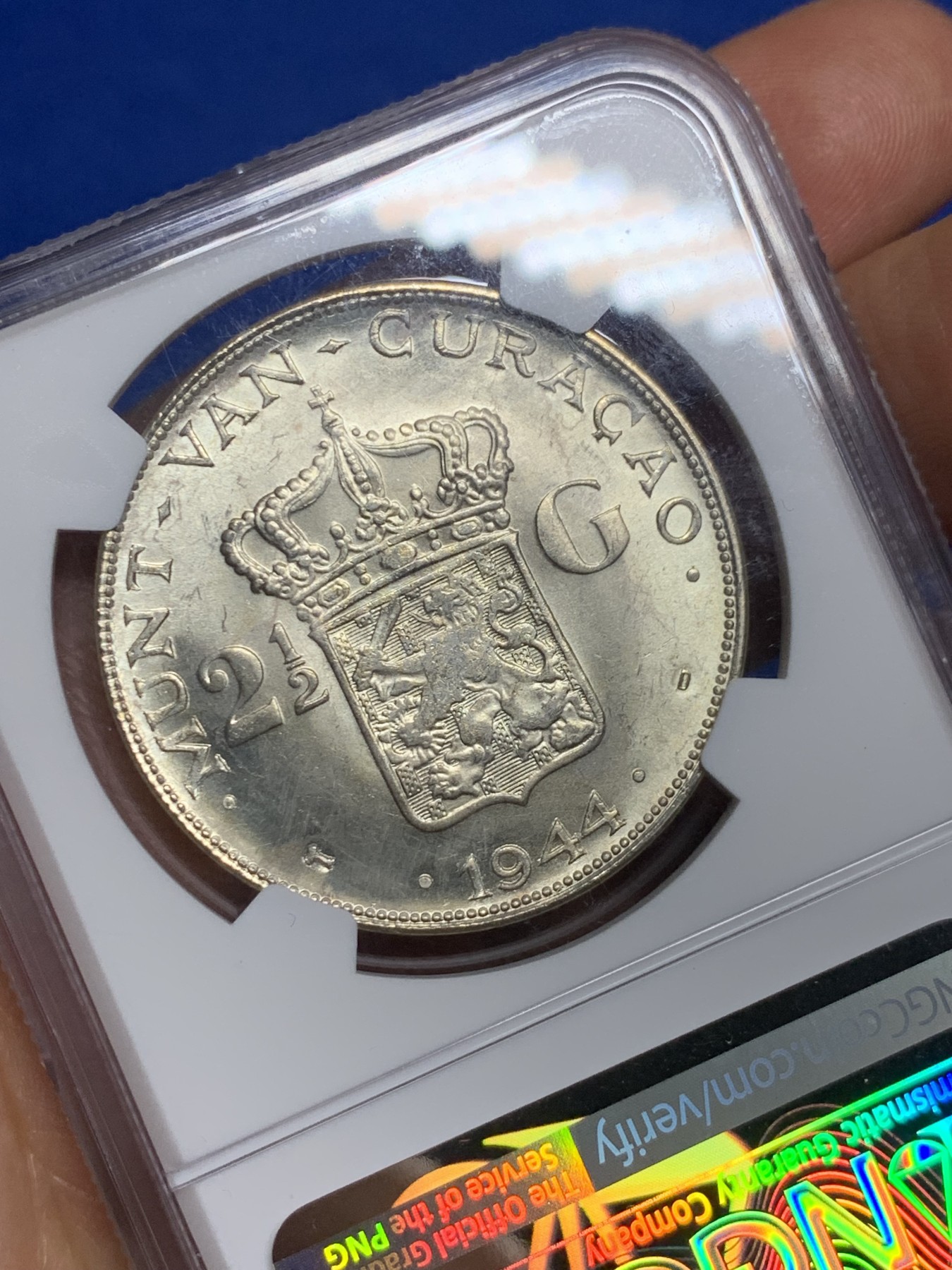 《竞宝斋》第235场-周日，周一，周二，周三 疯狂4连拍 (全场包邮) NGC MS62 原光荷属库拉索1944年威廉明娜2.5盾大银币