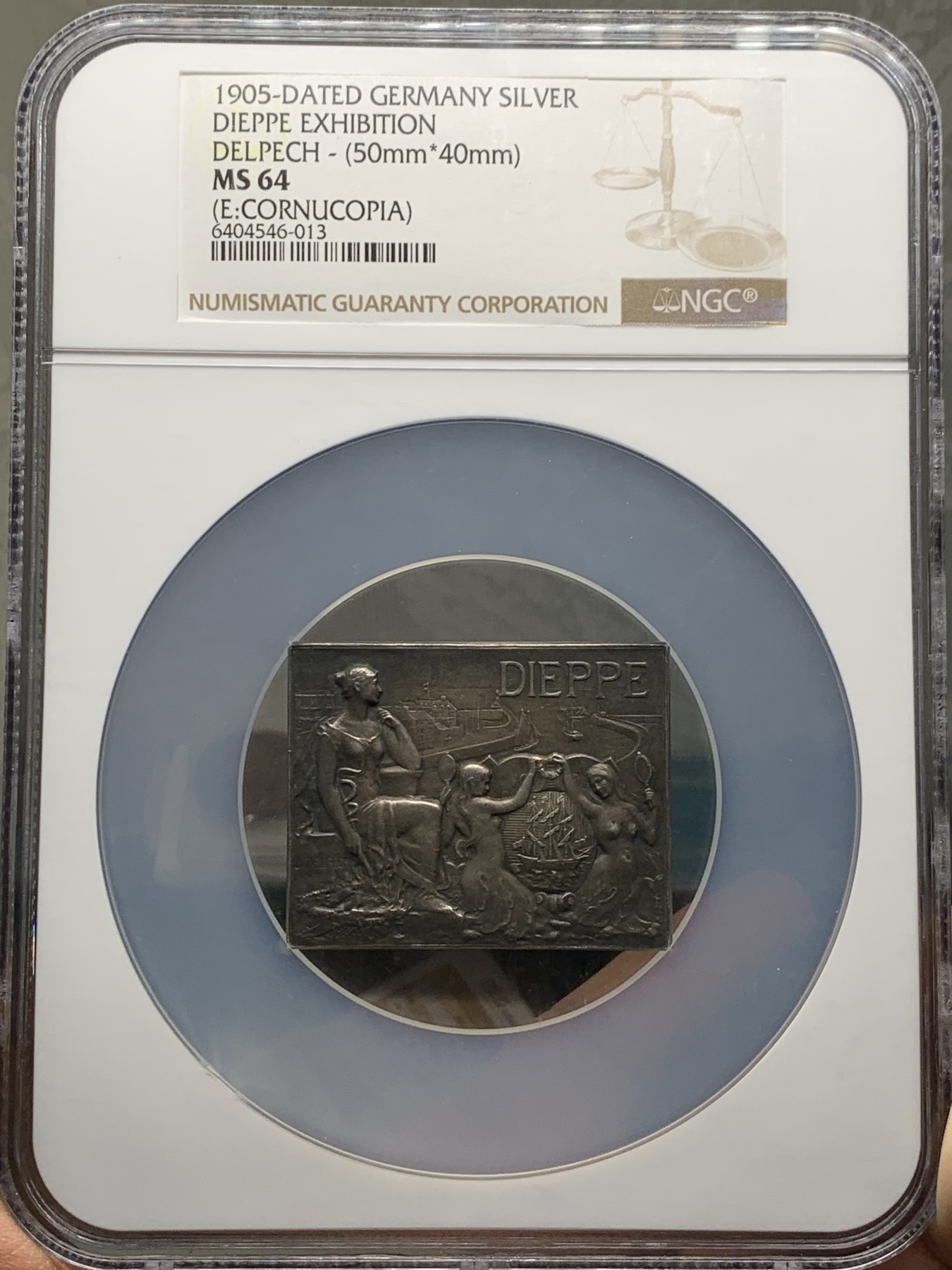 《竞宝斋》第237场- 周日，周一，周二，周日 疯狂4连拍 (全场包邮) NGC-MS64 法国迪耶普城镇纪念方形银章，双美人鱼，以城市港口为背景的各种海上装置向我们展示了一个繁荣的海边城市，超大盒子