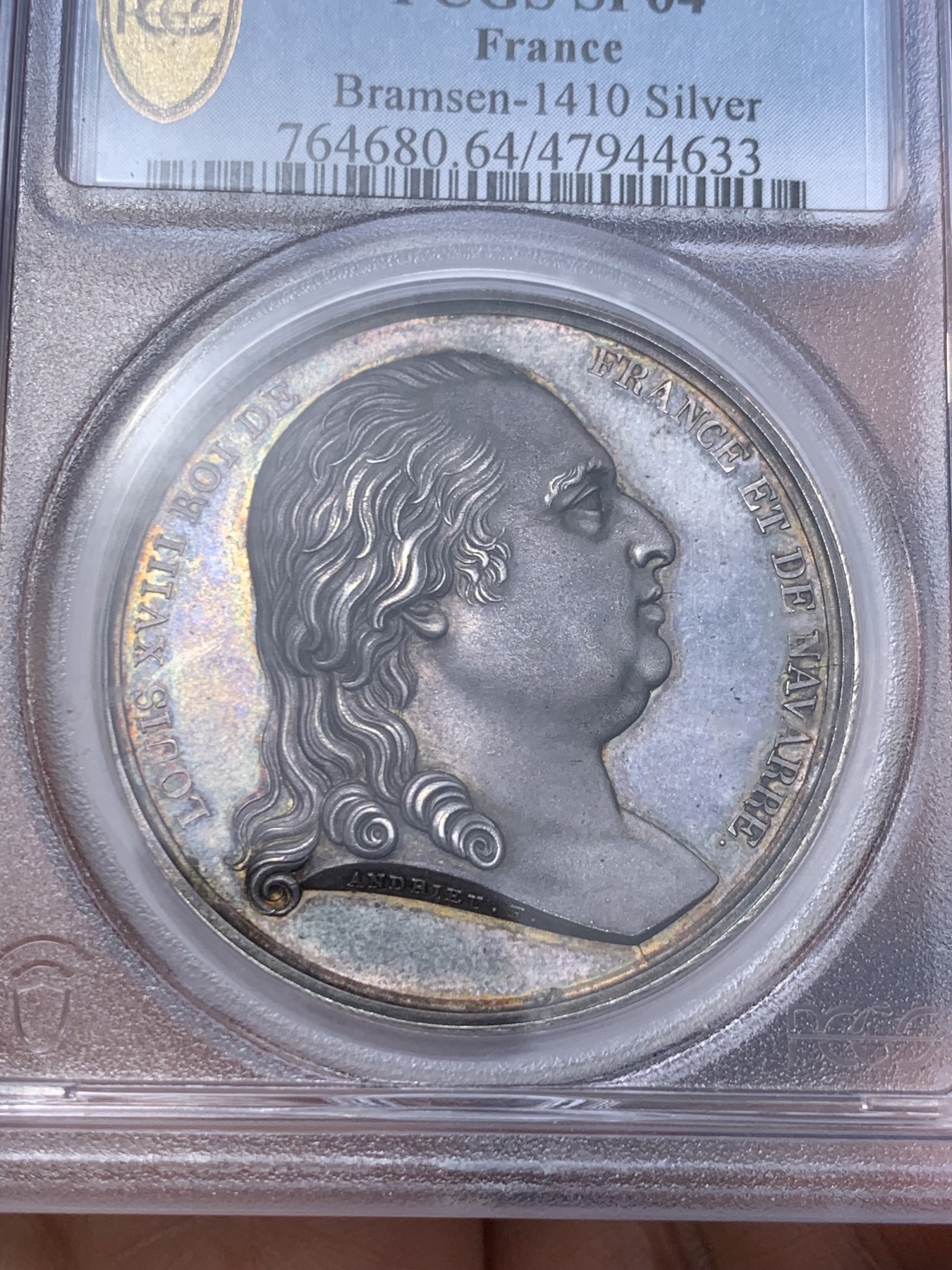 《竞宝斋》第235场-周日，周一，周二，周三 疯狂4连拍 (全场包邮) PCGS SP64 法国1814年拿破仑系列银章，王朝复辟，路易十八重返巴黎，高分镜面底板，艺术性极高，冠军分，广告章，稀少。