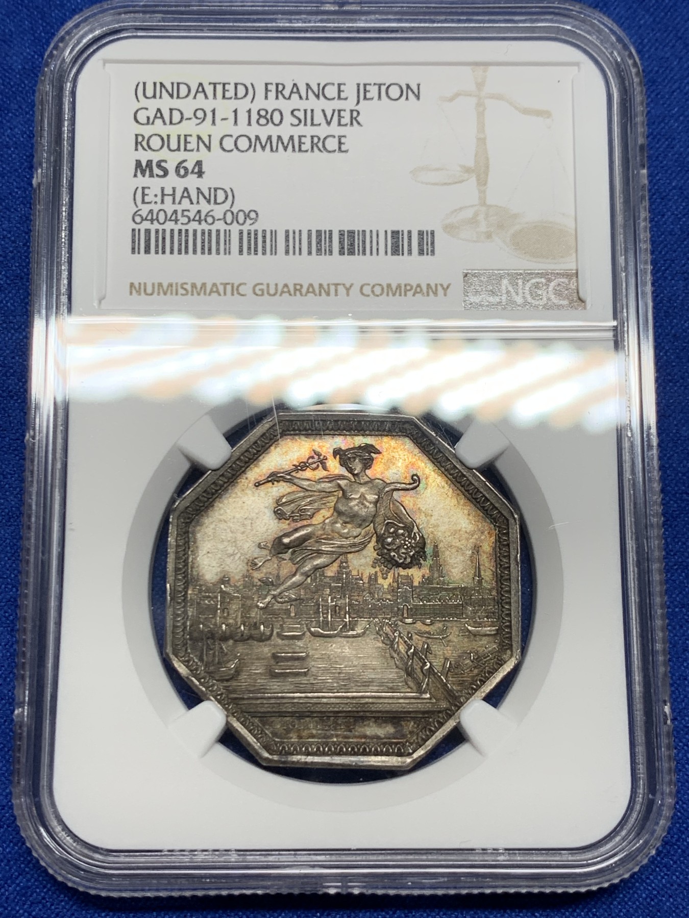 《竞宝斋》第237场- 周日，周一，周二，周日 疯狂4连拍 (全场包邮) NGC-MS64 法国鲁昂商会八角银质代币，鲁昂城上飞天的墨丘利福泽全城