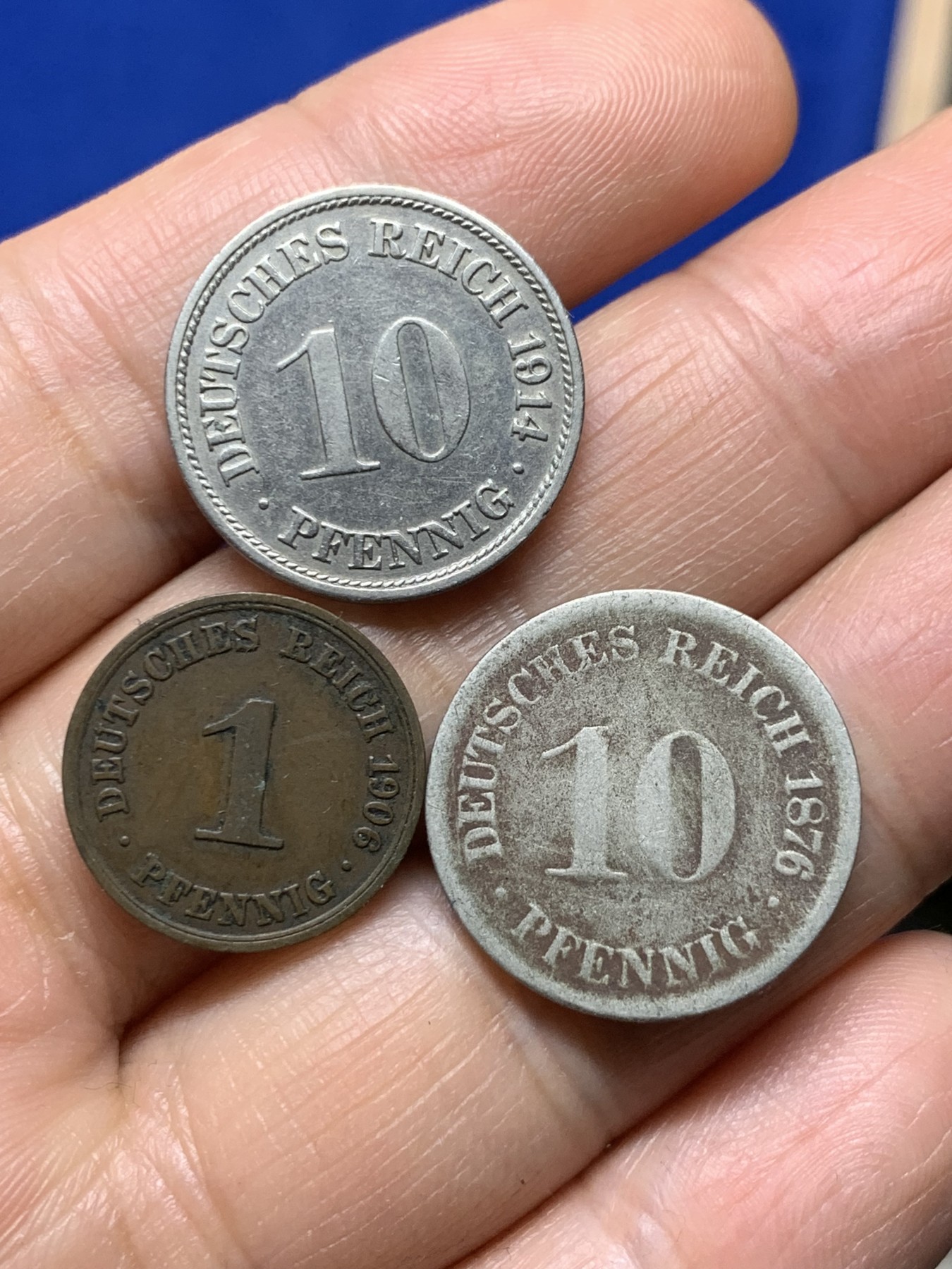 《竞宝斋》第235场-周日，周一，周二，周三 疯狂4连拍 (全场包邮) 3枚一组 1916年德国第二帝国1芬尼铜币+1876年/1915年德国第二帝国10芬尼铜镍币