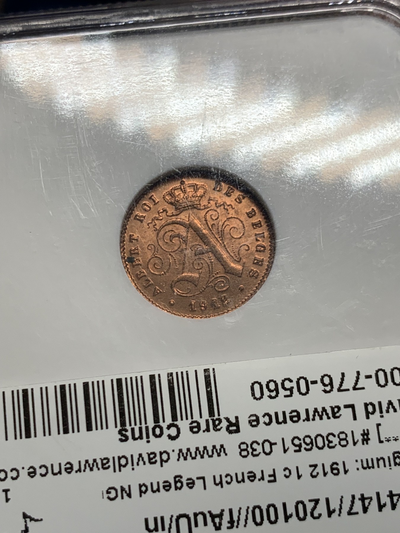 《竞宝斋》第235场-周日，周一，周二，周三 疯狂4连拍 (全场包邮) NGC MS65RD 比利时1912年经典狮子1分铜币 满铜光，精制小铜币一枚