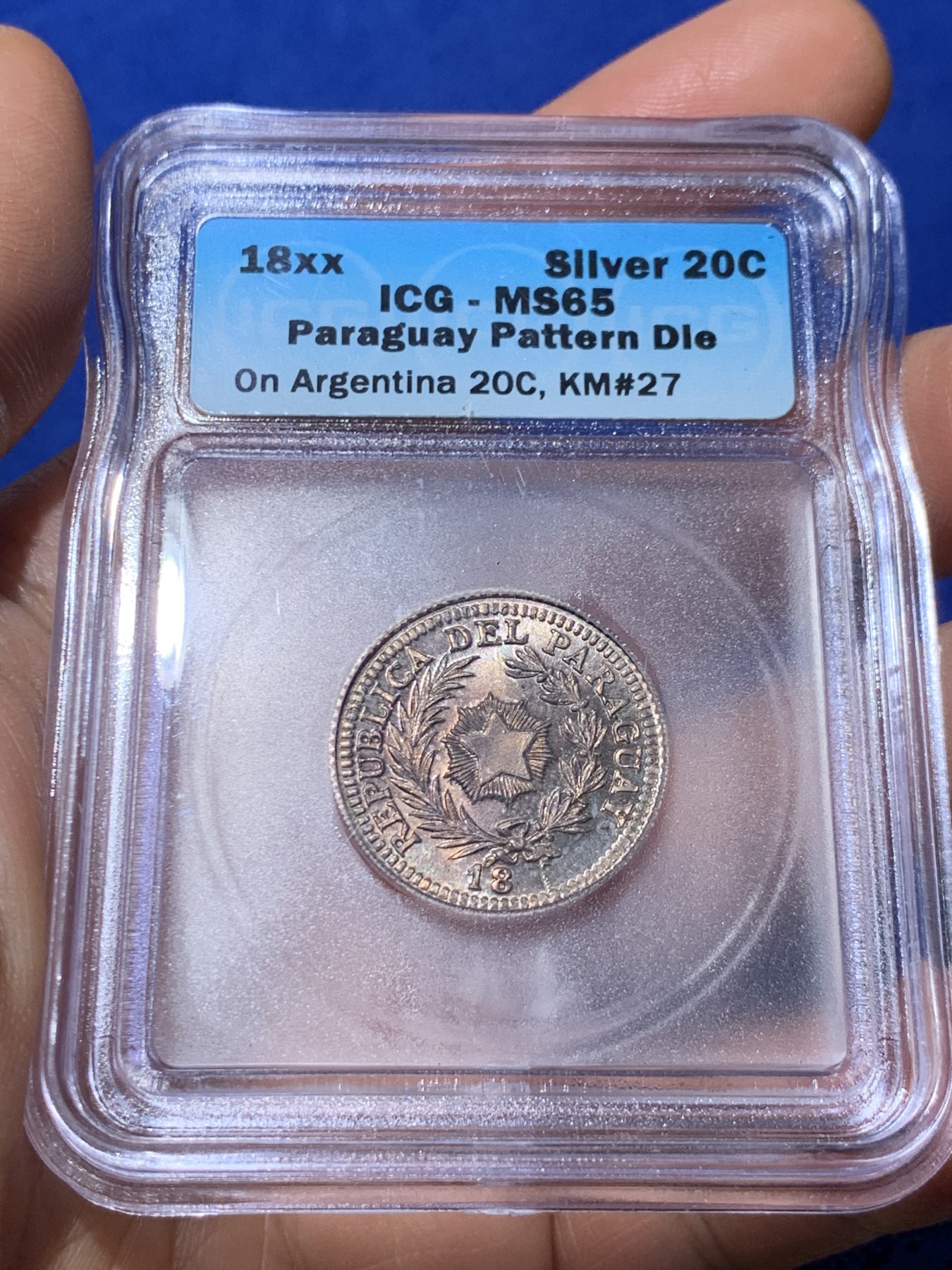 《竞宝斋》第235场-周日，周一，周二，周三 疯狂4连拍 (全场包邮) ICG-MS65 巴拉圭 18xx年 20分 银币 原光五彩状态好