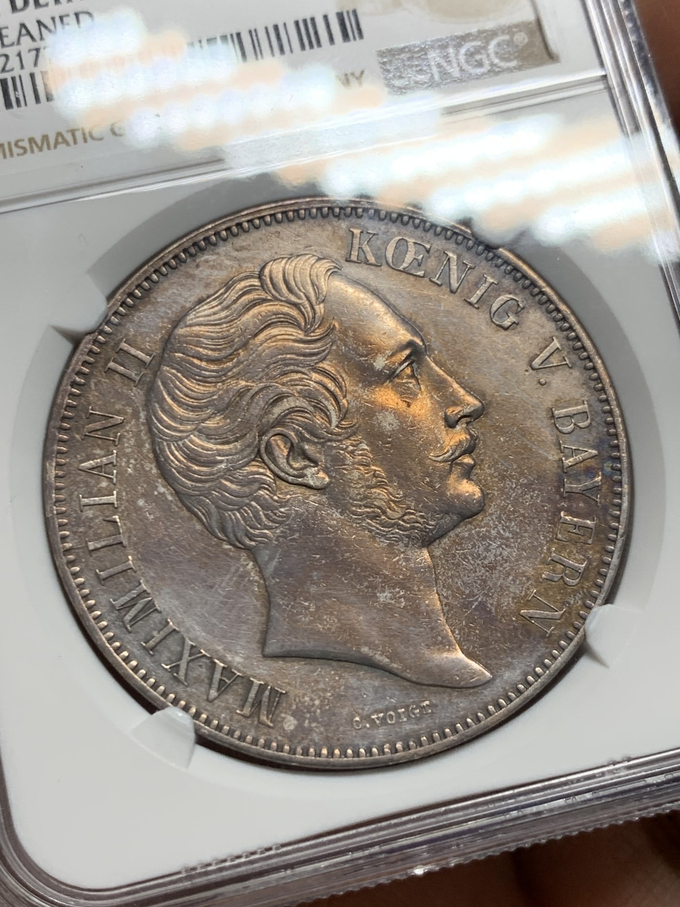 《竞宝斋》第235场-周日，周一，周二，周三 疯狂4连拍 (全场包邮) NGC AU 德国 1854 巴伐利亚马克西米利安二世 双狮纹章 2泰勒37克大银币 流通版好品