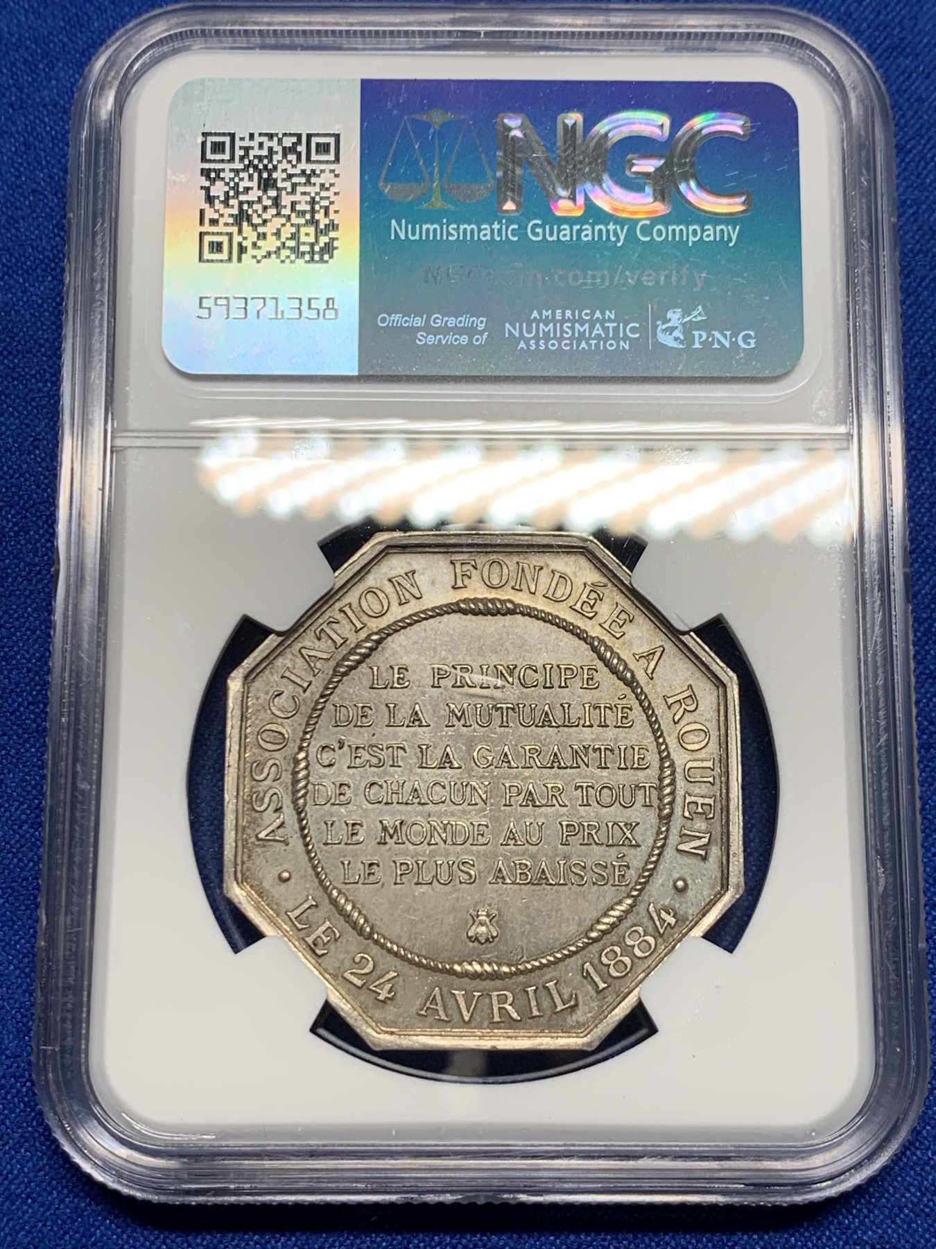 《竞宝斋》第237场- 周日，周一，周二，周日 疯狂4连拍 (全场包邮) NGC-MS64 法国鲁昂火灾互助保险公司八角银质代币，大规格