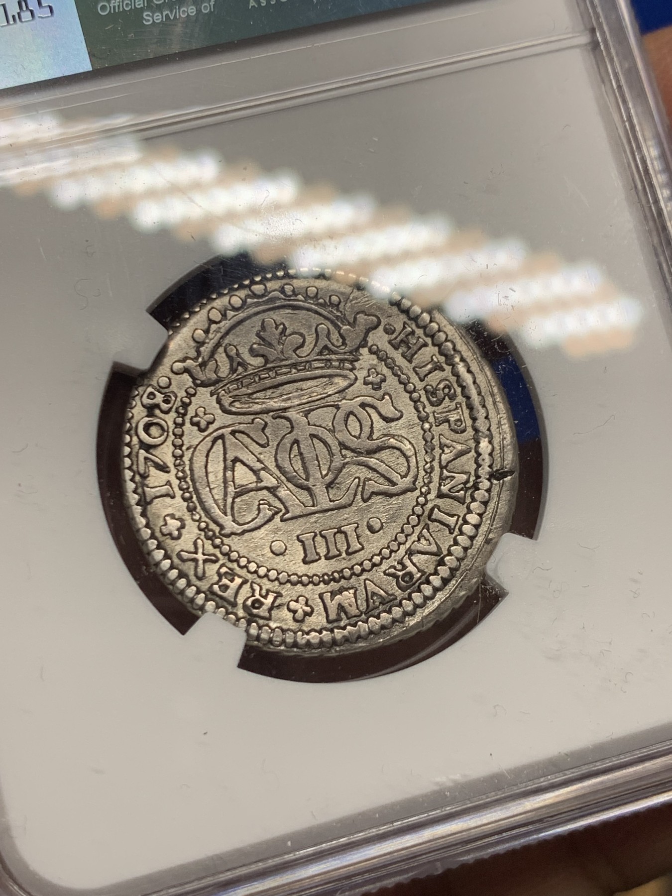 《竞宝斋》第235场-周日，周一，周二，周三 疯狂4连拍 (全场包邮) NGC-AU 西班牙 巴塞罗那 1708/7年 卡洛斯三世 2里亚尔 银币 西班牙王位纷争时期由卡洛斯三世【也就是之后的神罗皇帝查理六世】发行 少见