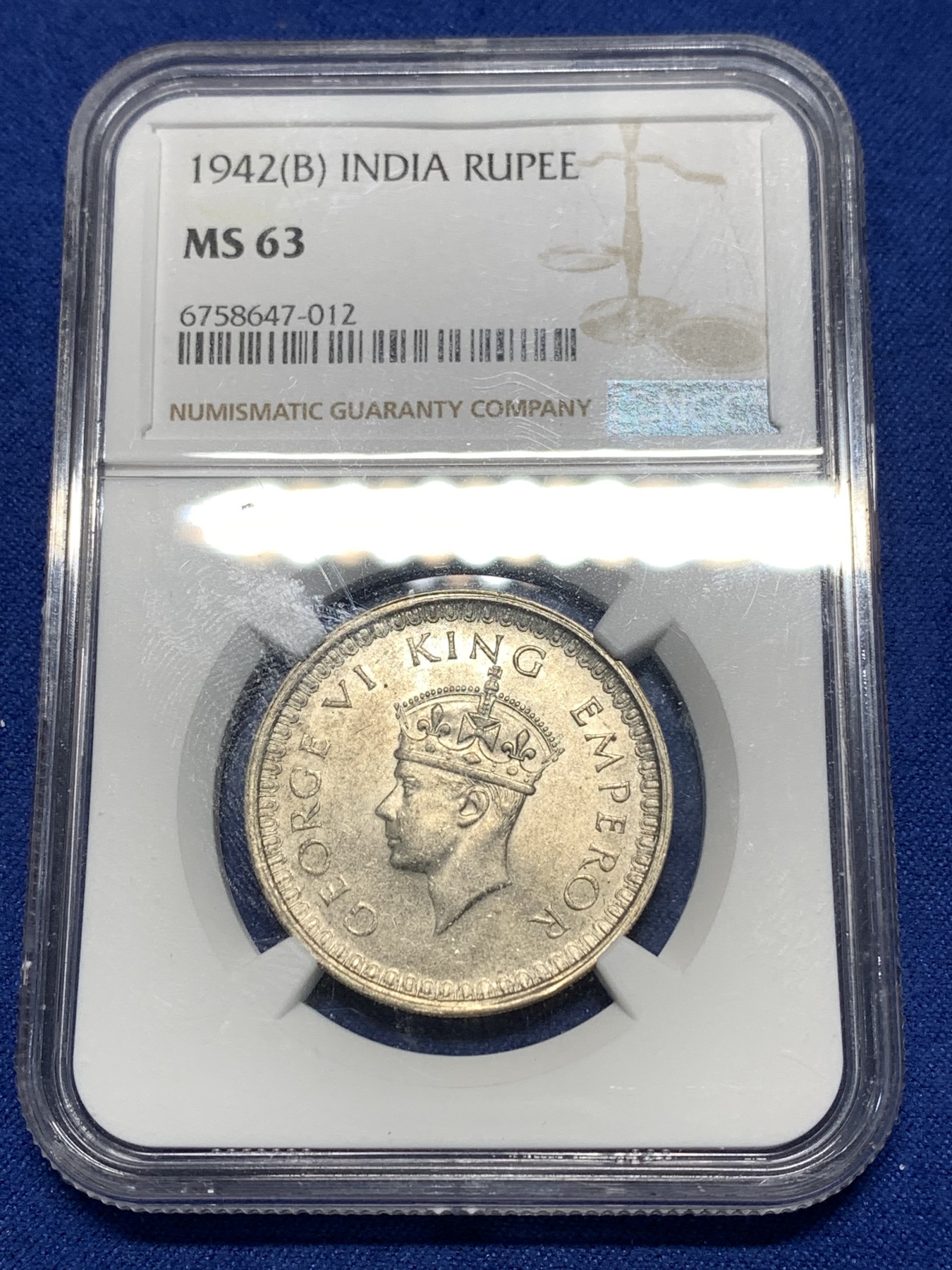 《竞宝斋》第235场-周日，周一，周二，周三 疯狂4连拍 (全场包邮) NGC MS63 印度1942年乔治六世1卢比银币，转光好品