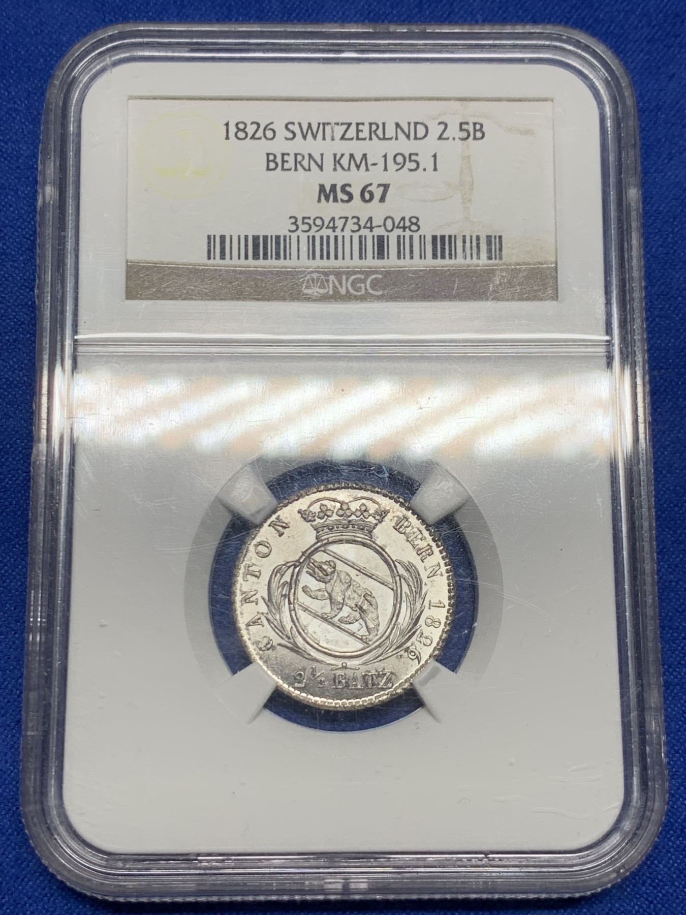 《竞宝斋》第235场-周日，周一，周二，周三 疯狂4连拍 (全场包邮) NGC-MS67 1826年瑞士伯尔尼2.5巴增 顶级高分，历经近200年依然银光闪闪，正面伯尔尼盾徽的小熊很可爱