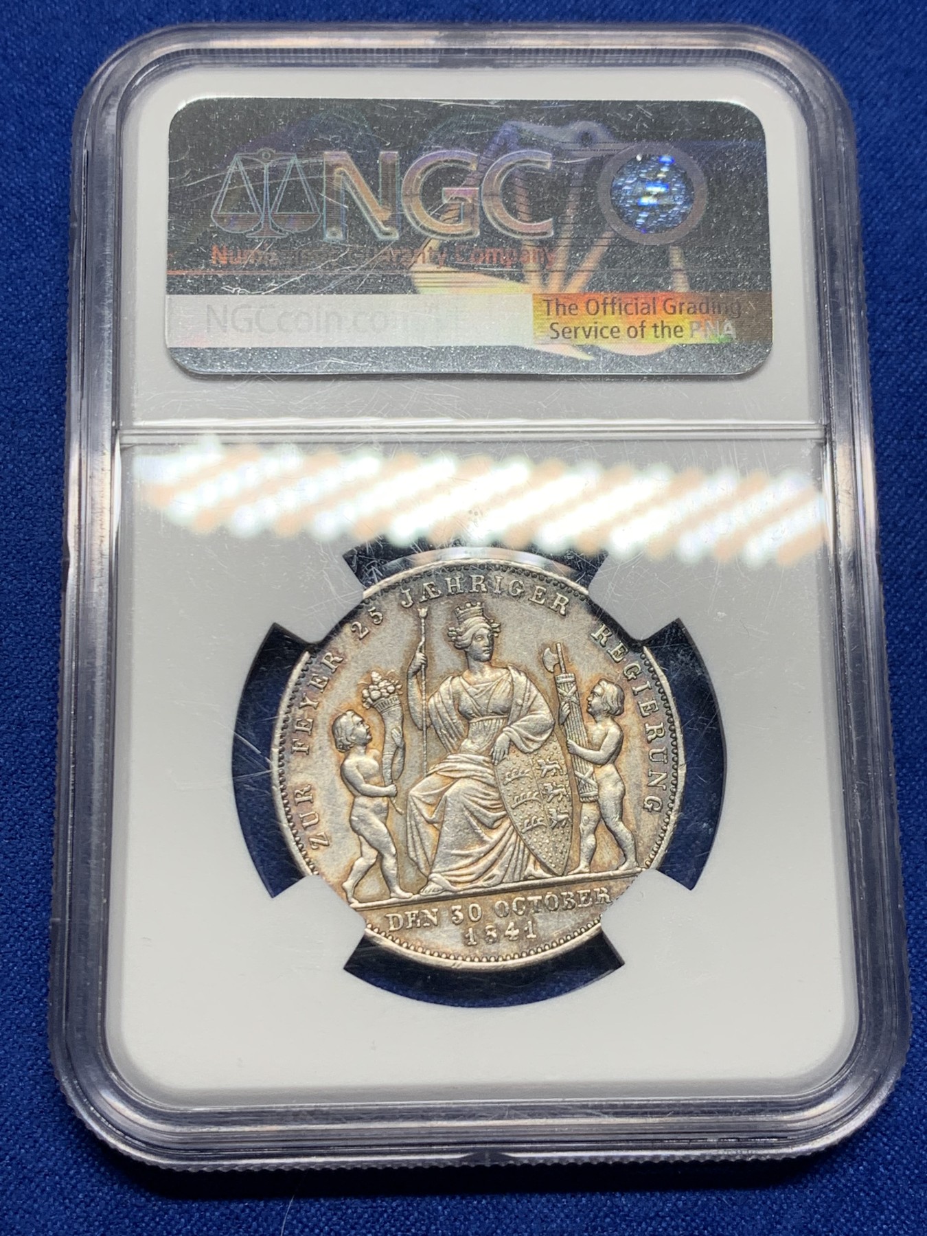 《竞宝斋》第235场-周日，周一，周二，周三 疯狂4连拍 (全场包邮) NGC-AUD 德国 1841年 符腾堡登基25周年纪念 1盾银币 没有明显清洗痕，可以重评试一试