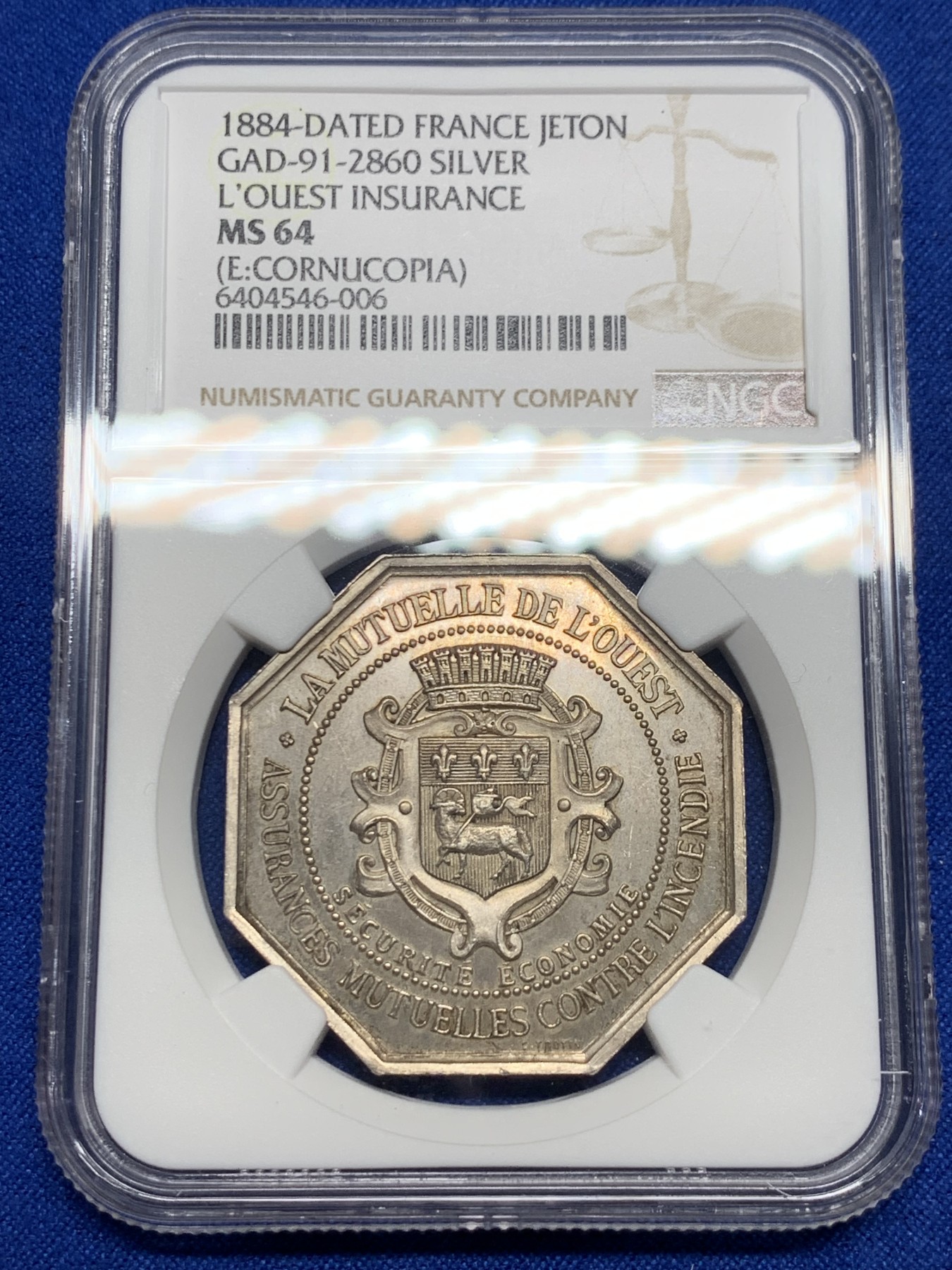 《竞宝斋》第237场- 周日，周一，周二，周日 疯狂4连拍 (全场包邮) NGC-MS64 法国鲁昂火灾互助保险公司八角银质代币，大规格