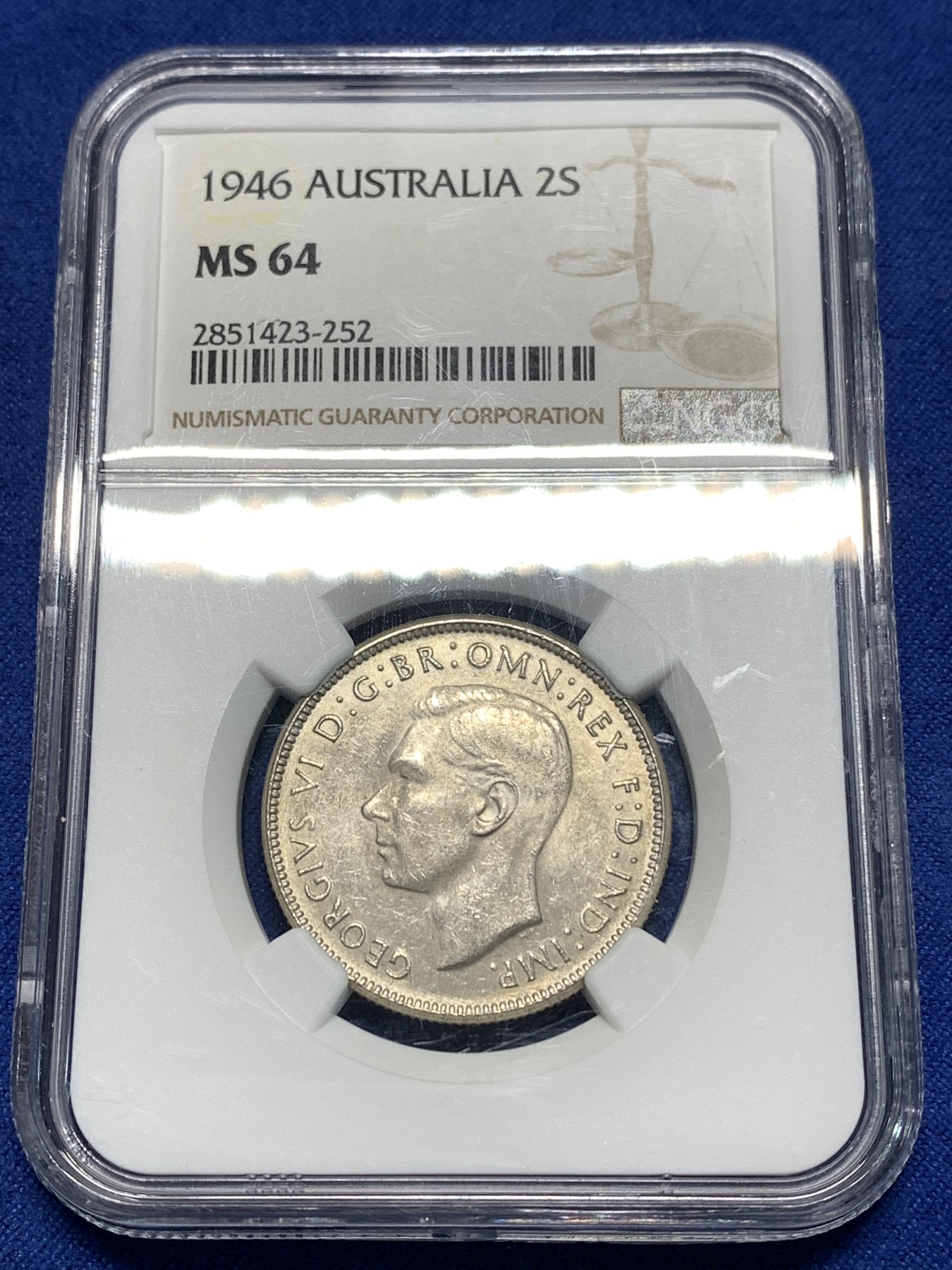 《竞宝斋》第235场-周日，周一，周二，周三 疯狂4连拍 (全场包邮) NGC  MS64   1946年英属澳大利亚2先令银币