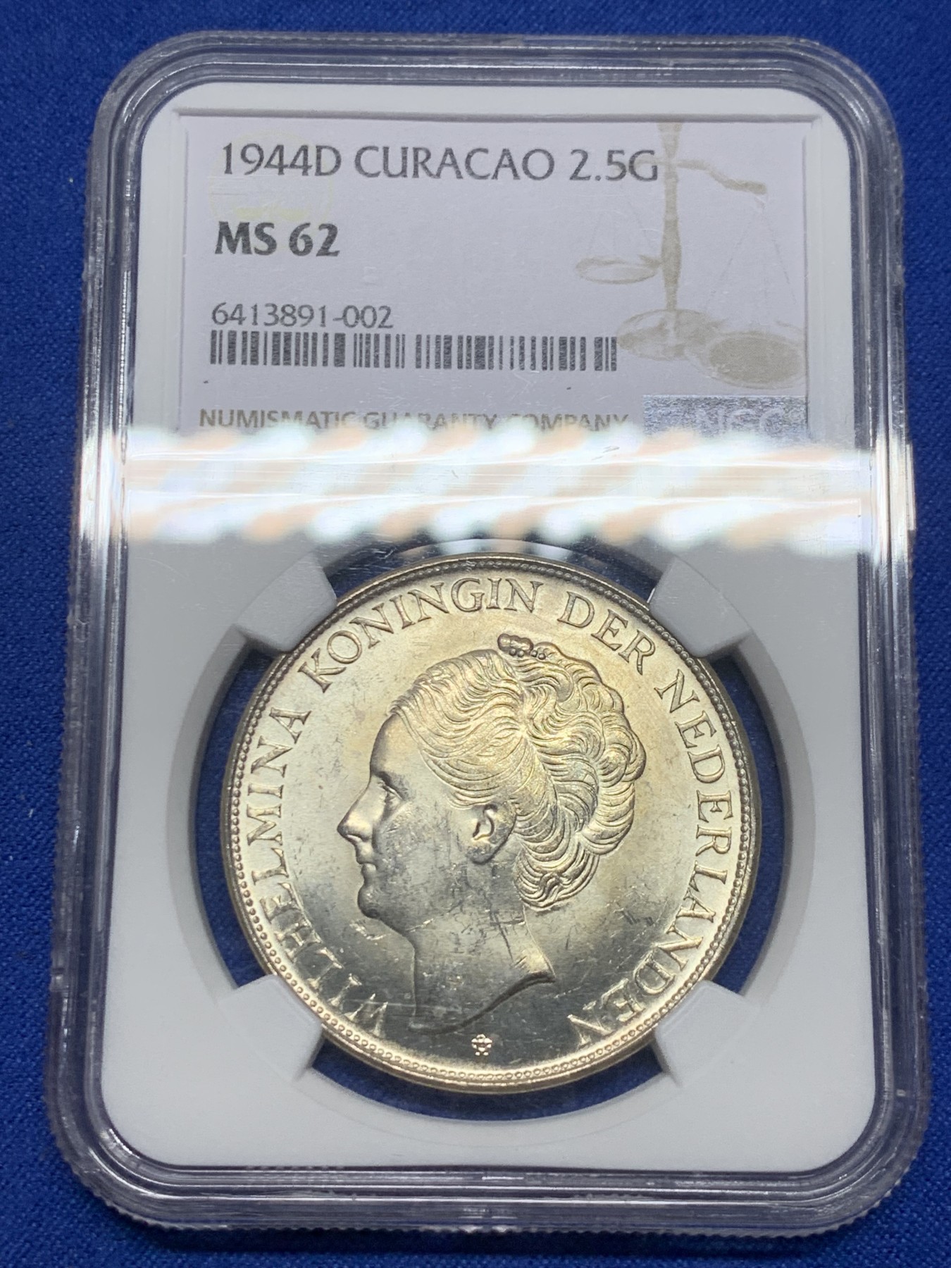 《竞宝斋》第235场-周日，周一，周二，周三 疯狂4连拍 (全场包邮) NGC MS62 原光荷属库拉索1944年威廉明娜2.5盾大银币