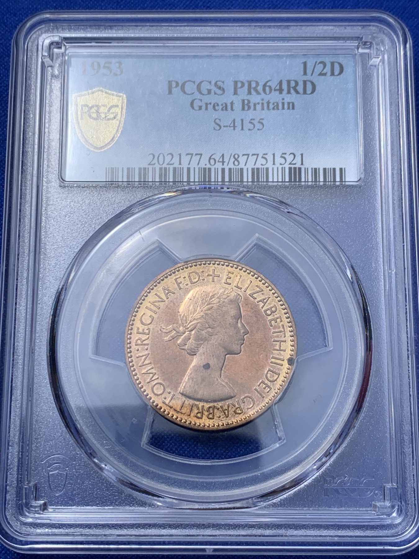 《竞宝斋》第235场-周日，周一，周二，周三 疯狂4连拍 (全场包邮) PCGS-MS64RD 季军分 1953年伊丽莎白女王精铸半便士，RD难得，凑套佳品。22年SBP拍卖65RD合人民币超过950元成交。