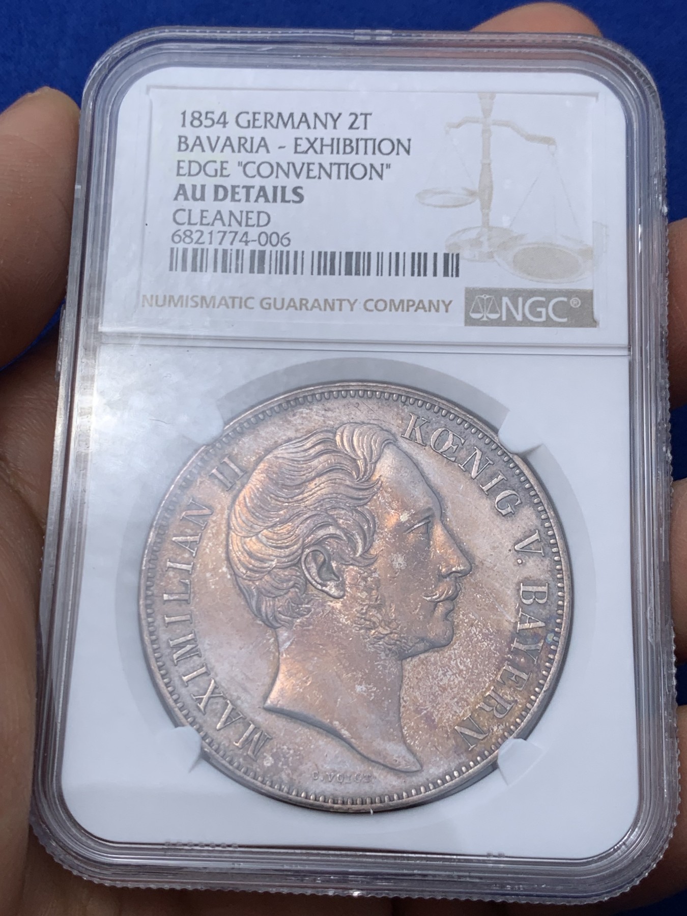 《竞宝斋》第235场-周日，周一，周二，周三 疯狂4连拍 (全场包邮) NGC AU 德国 1854 巴伐利亚马克西米利安二世 双狮纹章 2泰勒37克大银币 流通版好品